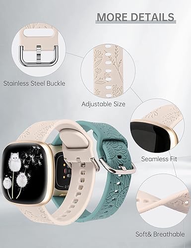 Miniatura 10 de Minyee Paquete de 2 correas grabadas florales compatibles con Fitbit Versa 4Versa 3Sense 2Sense Band para mujer, lindo diseño de girasol de diente