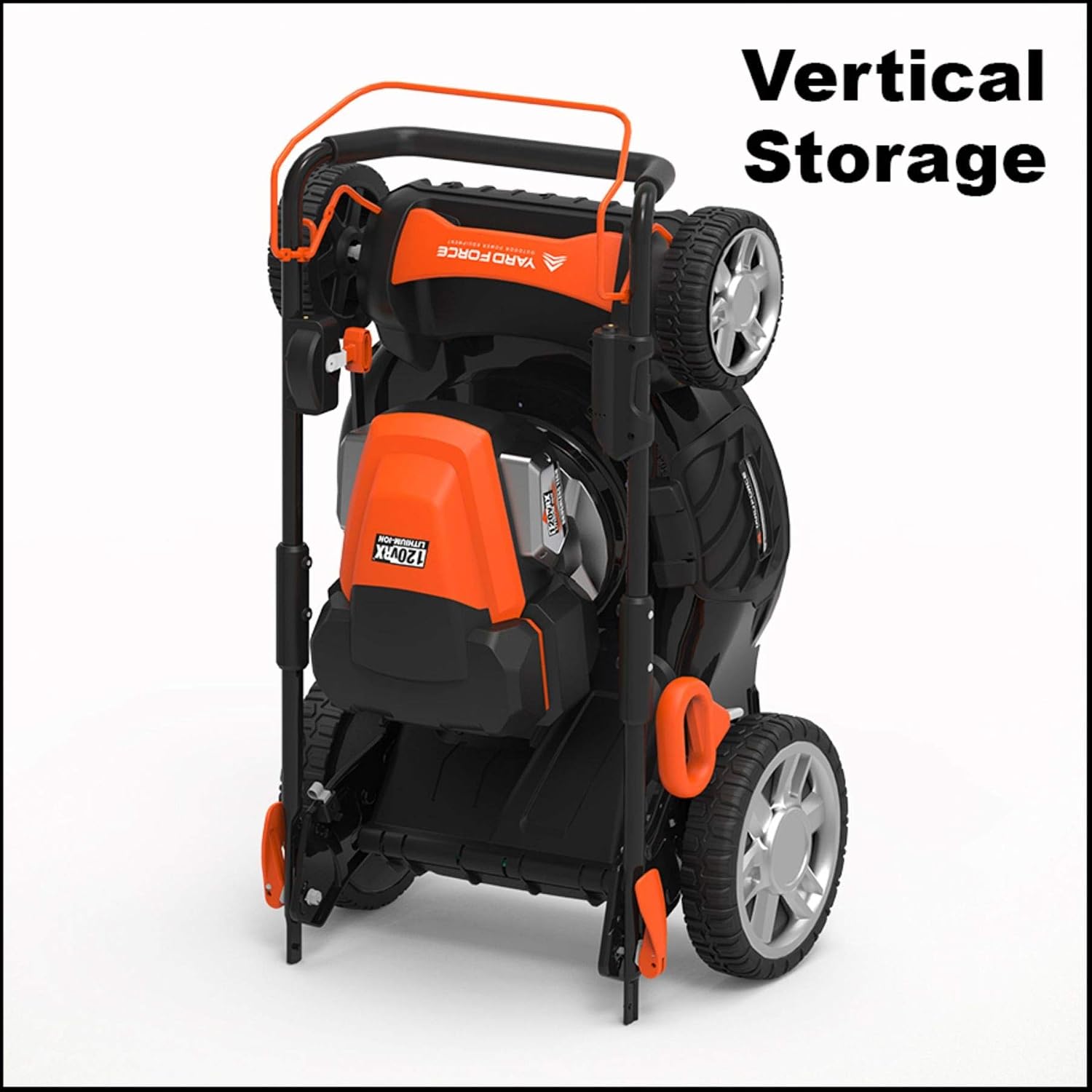 Yard Force mower in vertical storage position