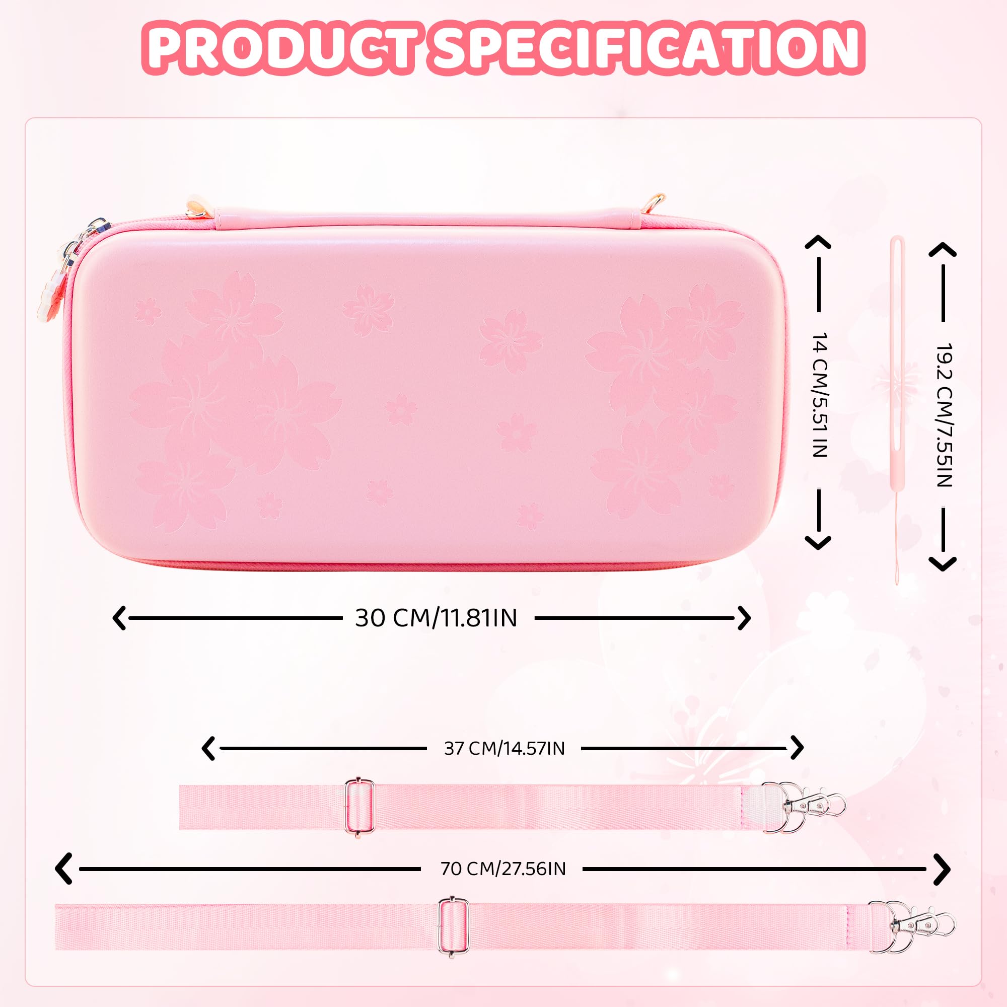 RHOTALL Pink Cherry Blossom - Bolsa de viaje para Nintendo Switch 2 (2025) de 7,9 pulgadas, bonita bolsa de viaje con carcasa rígida para Switch 2, protector de pantalla, 2 tapas para el pulgar