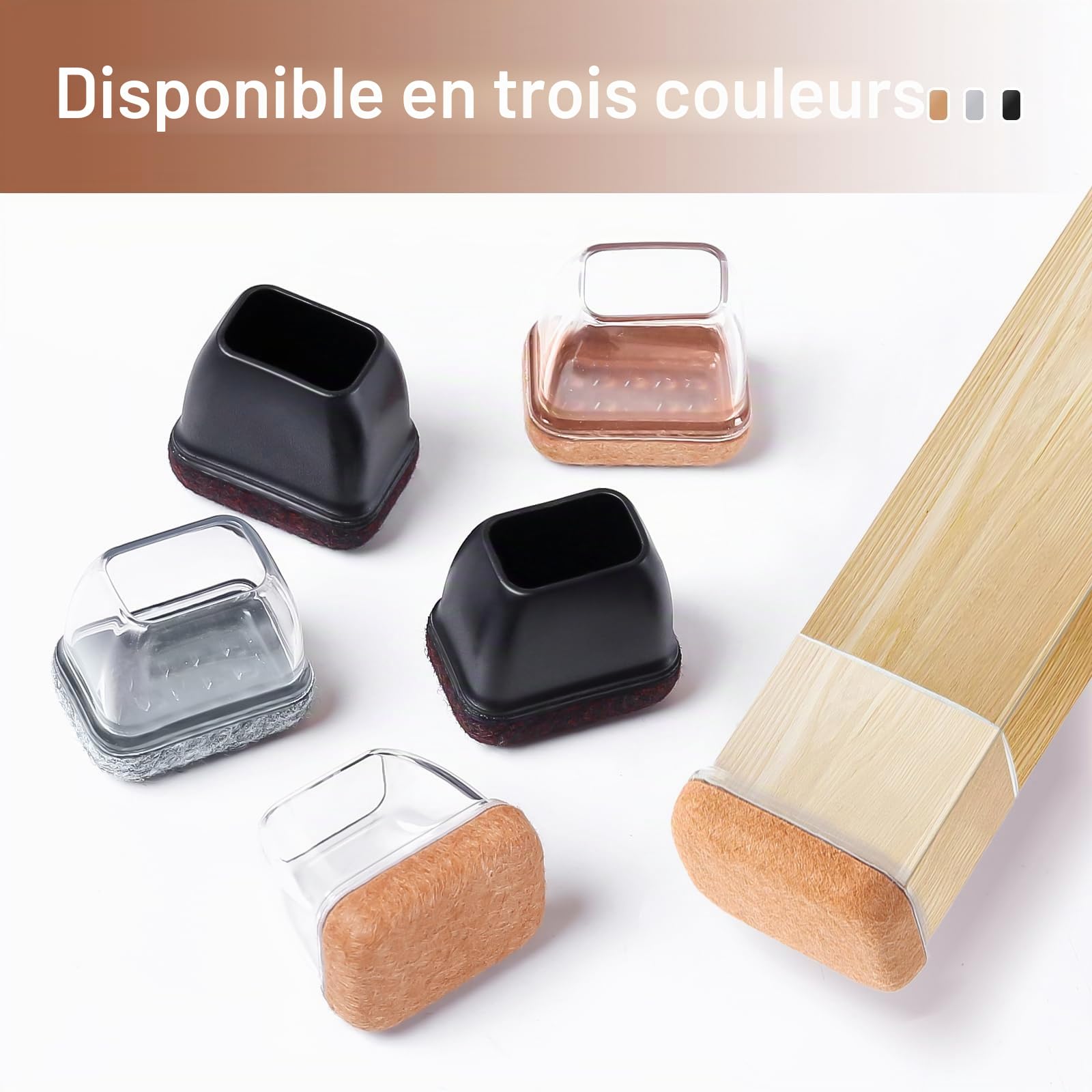 16 Pièces Protection Pied de Chaise, Protection Rectangulaires en Feutre pour Pieds de Chaise, Tampon Chaise Silicone Noir avec Marron Patins en Feutre pour Les Sols en Bois Dur