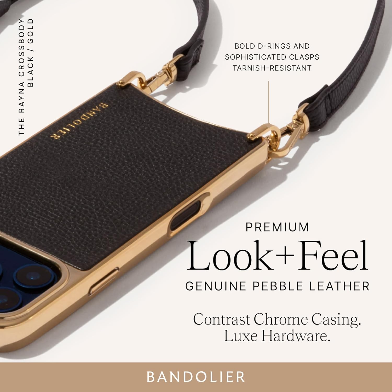 Bandolier Rayna Crossbody Phone Case for iPhone 17 Pro. 100% Genuine Pebble Leather with Gold Hardware. Adjustable & Removable Strap. Magnetic Backing. Magsafe Compatible. - Image 6