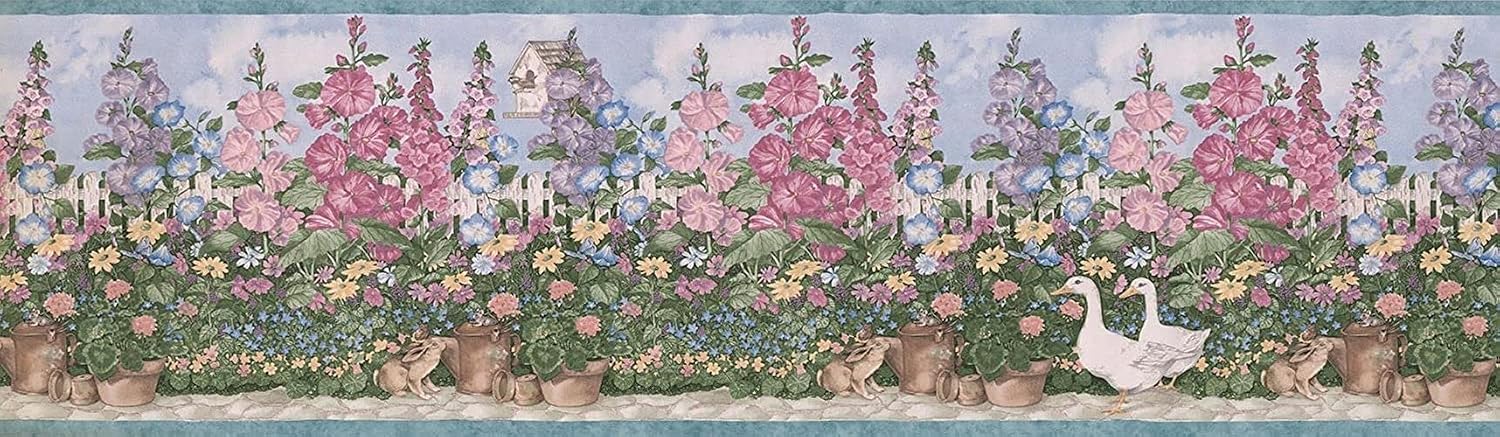 CONCORD WALLCOVERINGS ™ Wallpaper Border Garden Pattern Flowers Ducks for Cottage Farmhouse Kitchen, Green Blue White Pink, 15 ft by 7 in DesSMB5236