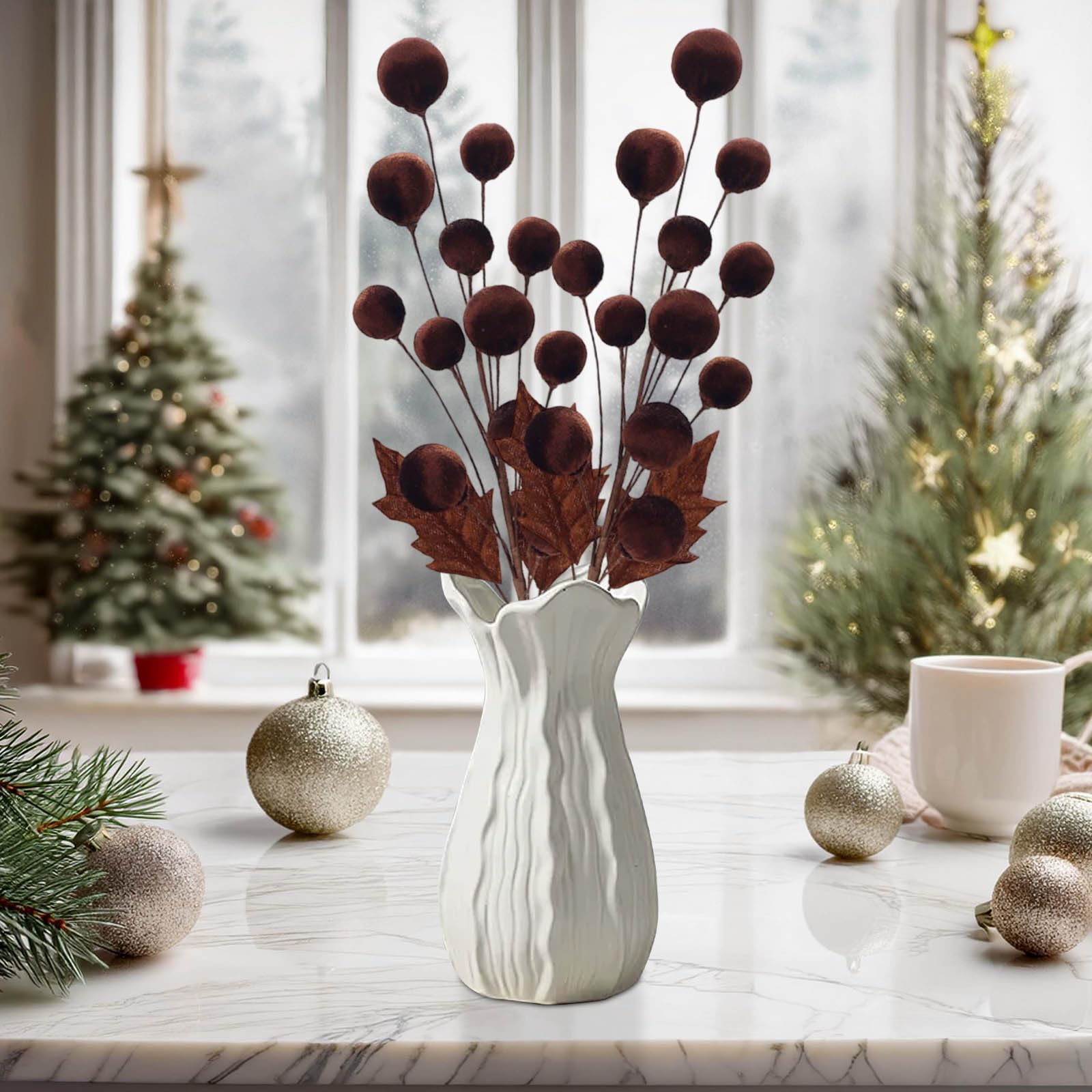 Inch Christmas Tree Picks Velvet Christmas Ornaments, Spheres Ball Pick Xmas Tree Branches Hanging, Perfect for Xmas Branches, Hanging Decor, Wreath, Home & Office Party (Coffee)