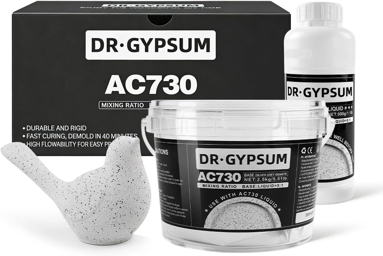 DR.GYPSUM Casting Powder, Fast-Curing,Water-Activated Material for DIY Crafts，Two-Part Powder Base and Liquid Set, 3kg(5.51Ib Base+1.1Ib Liquid)/Set(Silver Grey Granite)