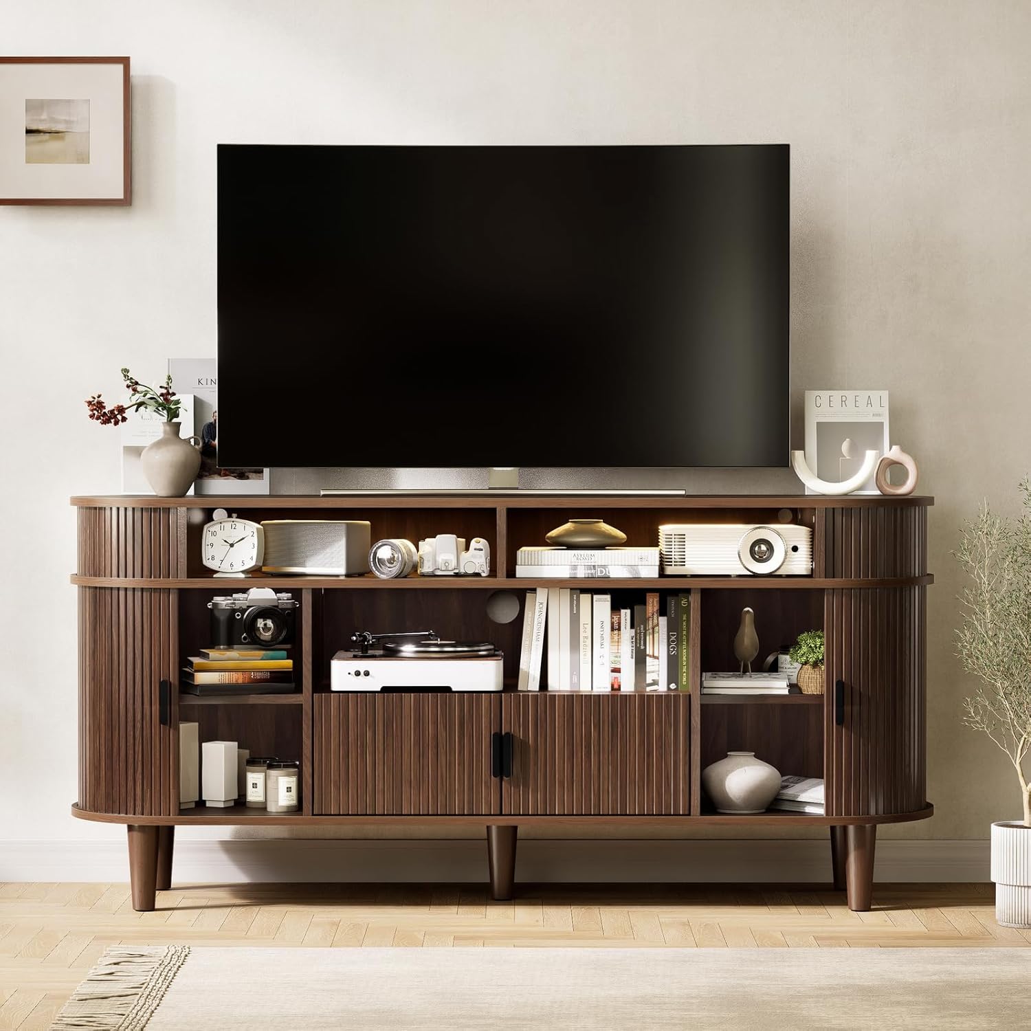 59" Fluted TV Stand with Sliding Doors, Mid Century Modern TV Stands for Tvs up to 65", Entertainment Center with Storage and Adjustable Shelves, Wood Media TV Consoles for Living Room (Walnut)