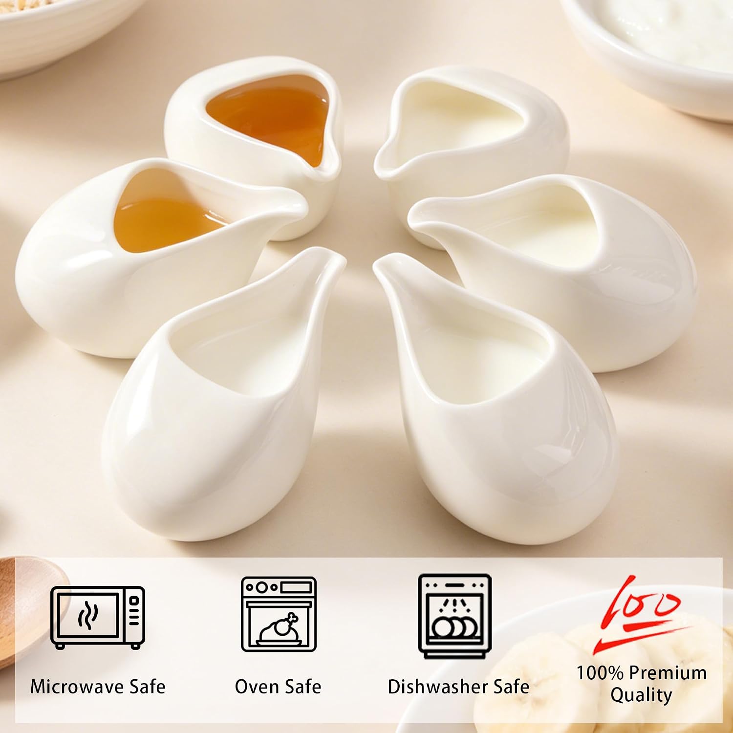 Ceramic White Teardrop Creamers, Small Pitchers, 4OZ, Set of 6