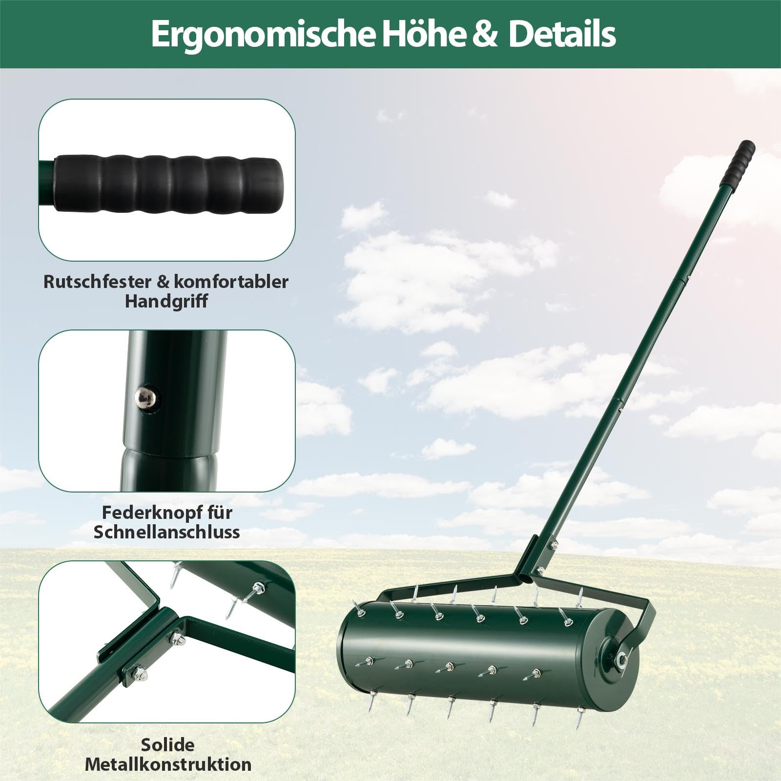 SOARS Rasenlüfter Walze, Rasenbelüfter mit 3,5cm Nägeln & Stiel, Handvertikutierer befüllbar, Gartenwalze, Handwalze aus hochwertigem Metall, ideal für die Rasenpflege (53cm Breite, 33 Nägel)