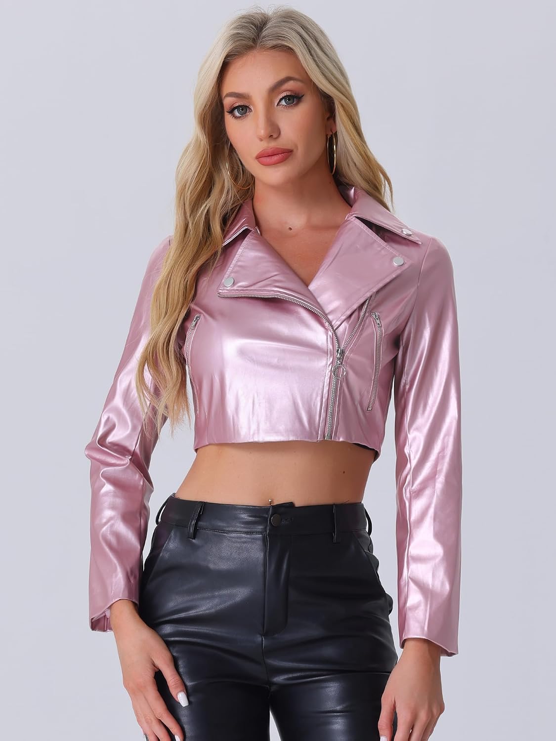 Allegra K Women's Faux Leather Long Sleeve Zipper Up Moto Cropped Jacket