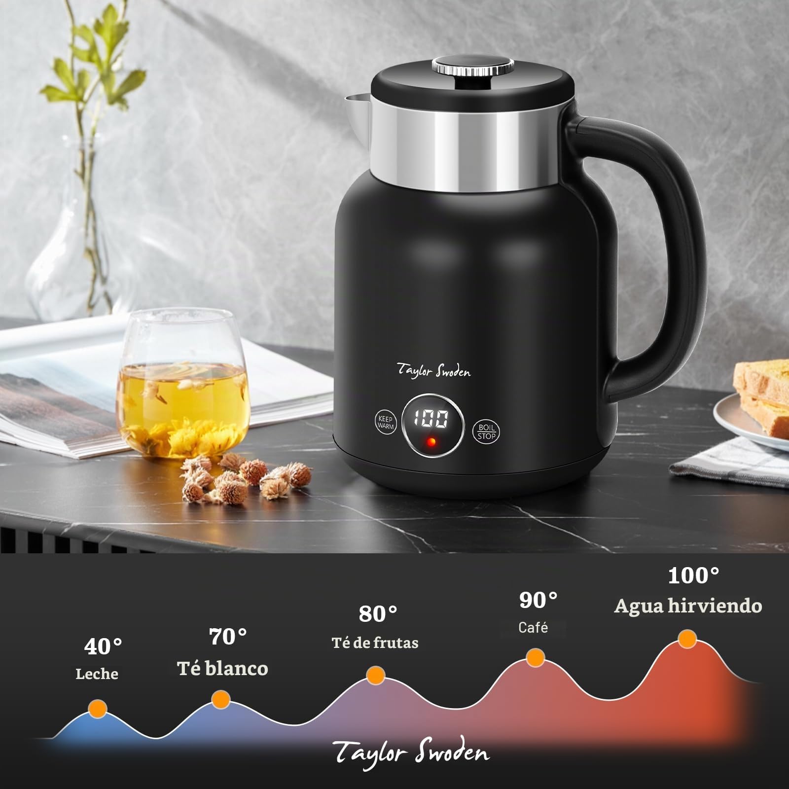 Taylor Swoden Hervidor de Agua Retro 1.7L de Acero Inoxidable Sin BPA Negro | Hervidor 2200W, silencioso, 5 niveles temp, función calor 1H, doble pared antiquemaduras, ideal para té y café (Asher)