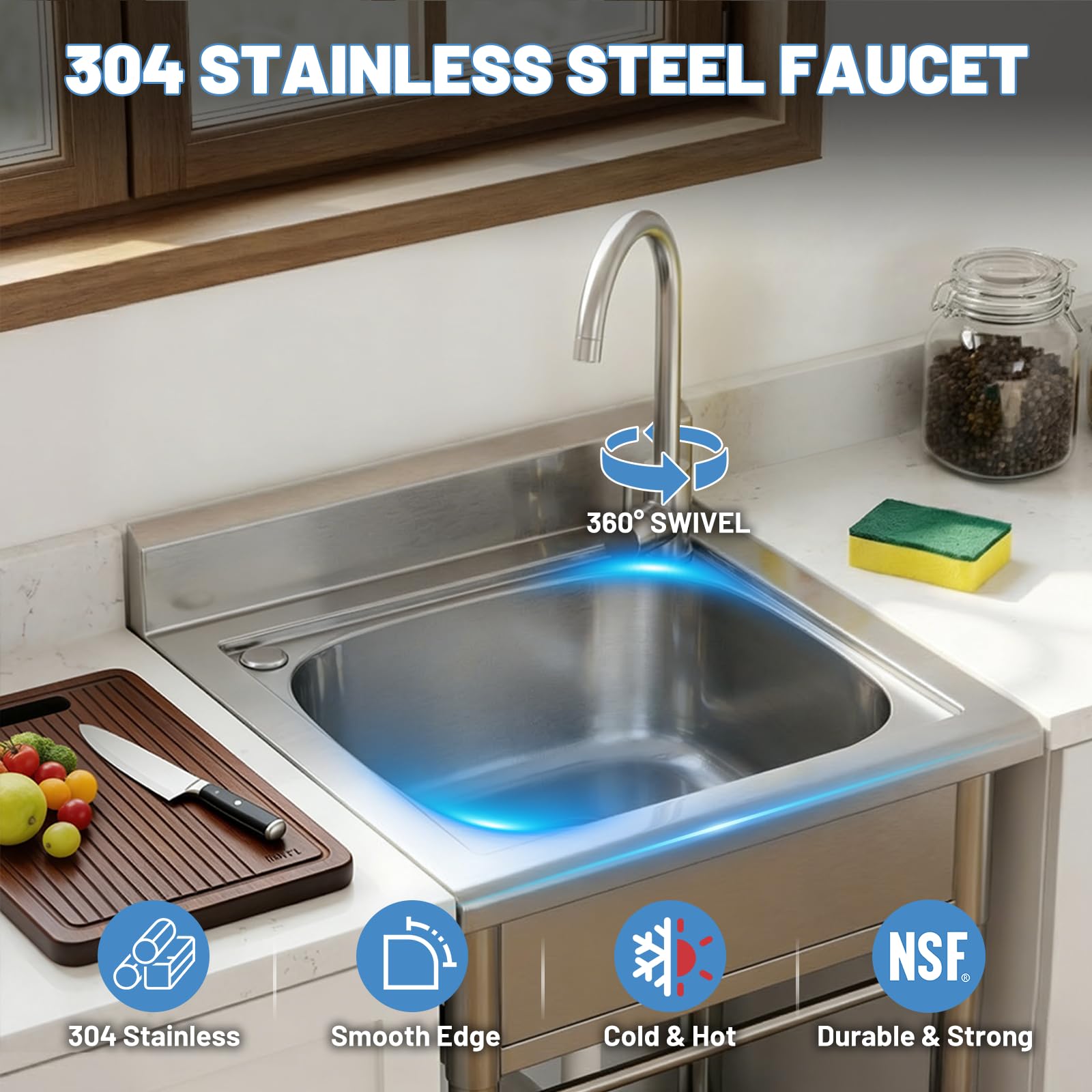 Lavello da cucina autoportante a vasca singola con tubo dell'acqua fredda e calda, in acciaio inox, per lavanderia, bagno, fattoria