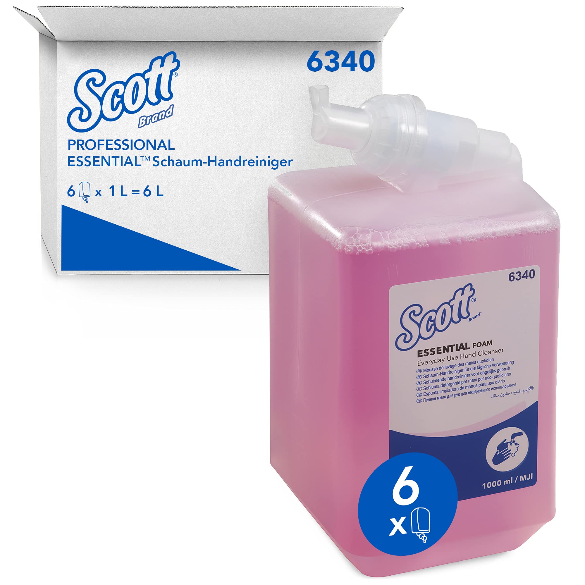 Scott Essential Schaum-Seife, parfümierte Handseife, Kassetten rosafarbener Handreiniger für die tägliche Verwendung und eine gründliche Handreinigung, 6 x 1 Liter, Artikel-Nr. 6340