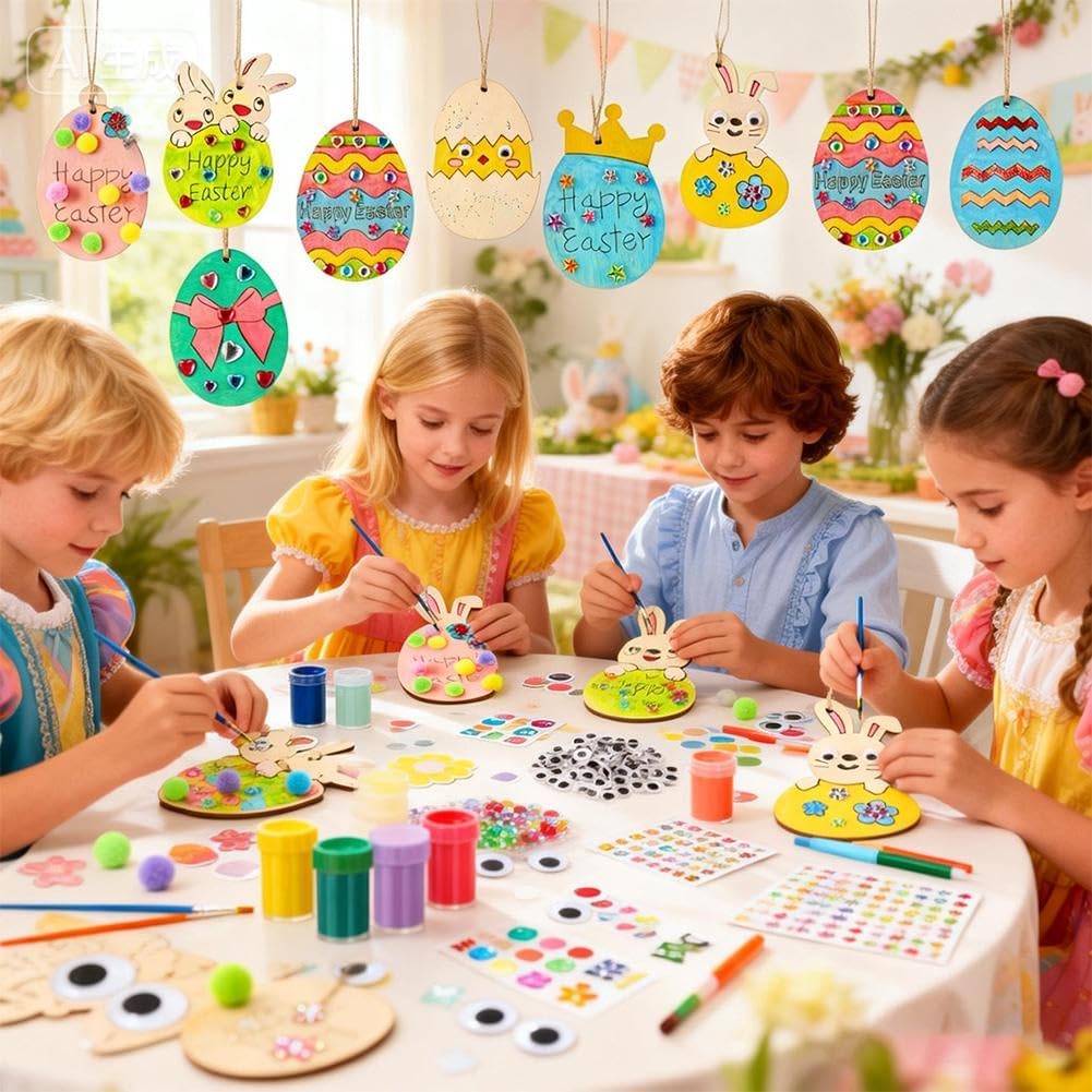 40Pcs Easter Wooden Ornaments Craft Kit – DIY Wood Eggs Paint Your Own Set with Gems, Glitter, Eyes – Fun Holiday Activity for Kids, Classroom, Party Favors