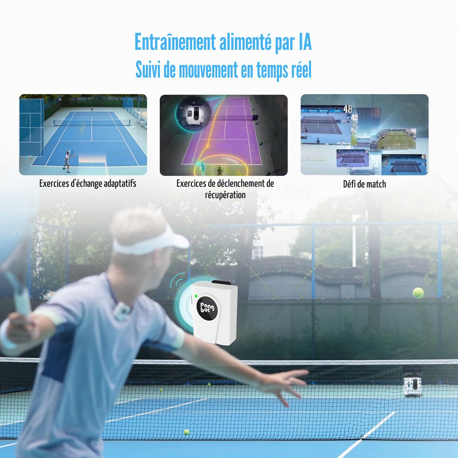 PONGBOT Machine à balles de tennis, application et télécommande, perceuses personnalisées, capacité de 150 balles, max 80 mph, plus de 80 heures d'endurance, double moteur pour Topspin et Backspin