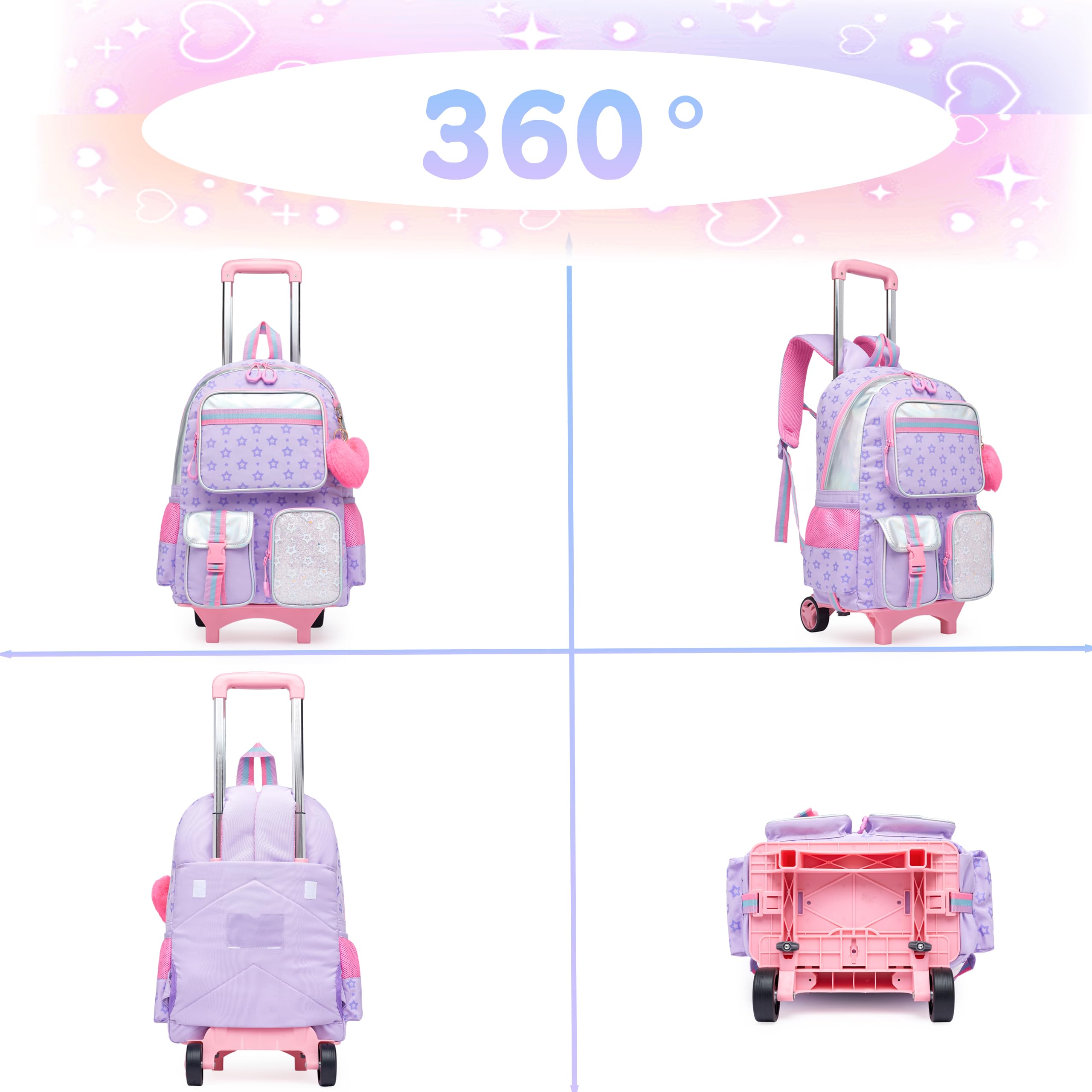 HTgroce Kinder Trolley Rucksack Schultasche Schulranzen Mädchen schultrolleys Schulrucksack Kinderkoffer Rolling Reisegepäck Mehrfachtaschen