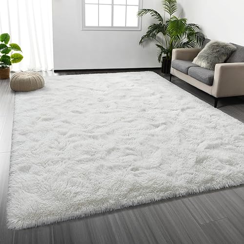 Deerhoo Large Shag Area Rugs 5 x 8, Tie-Dyed Plush Fuzzy Rugs for Living Room, Ultra Soft Fluffy Furry Rugs for Bedroom, Anti-Skid Indoor Carpet Nursery Rugs for Kids Room Home Decor, White
