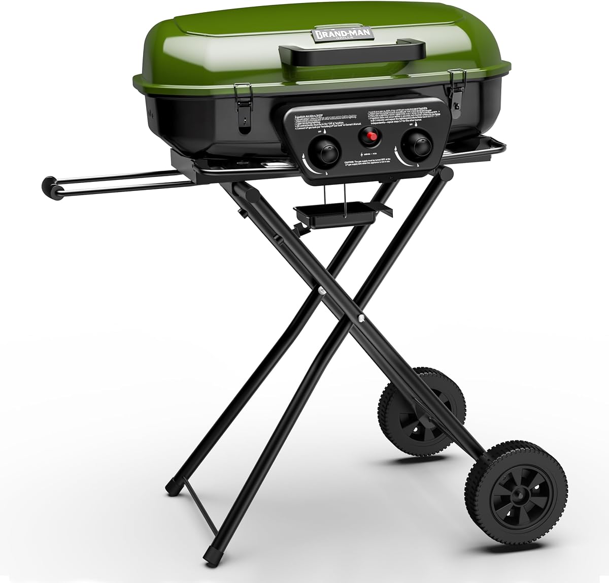 Brand-Man Portable Grill Camping, 2-in-1 Propane Gas Grill & Griddle | Folding Stand-Up Cart, 18,000 BTU 2-Burner Outdoor BBQ for Family Camping, Tailgating and Patio, Green