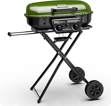 Brand-Man Portable Gas Grill, 2-in-1 Propane Camping Grill & Griddle Porcelain-Enameled with Folding Stand-Up Cart, 18,000 BTU 2-Burner Outdoor BBQ for Family Camping, Tailgating and Patio, Green