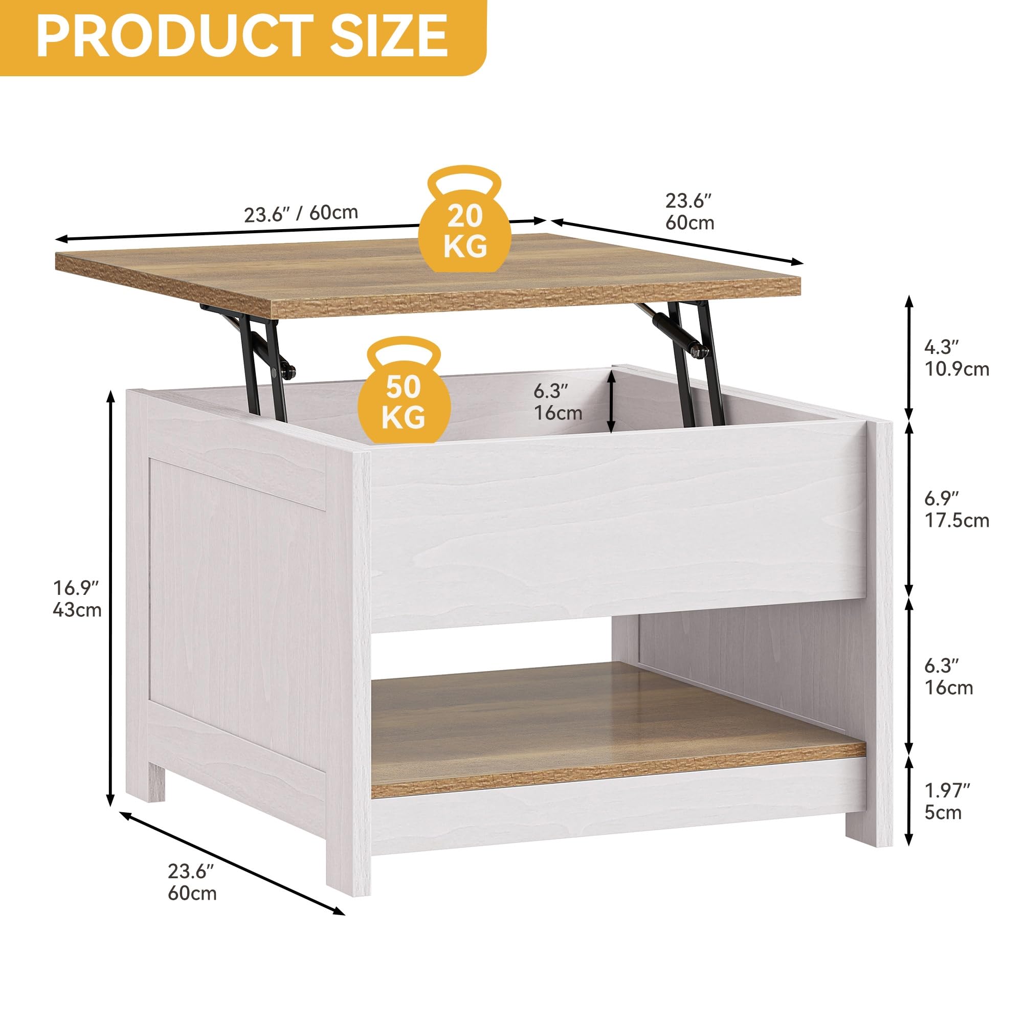 DWVO Mesa de Centro con Tablero Elevable e Iluminación LED, Mesa de Salón Cuadrada Moderna con Compartimento Oculto y Estante Abierto, 60 x 60 x 45 cm