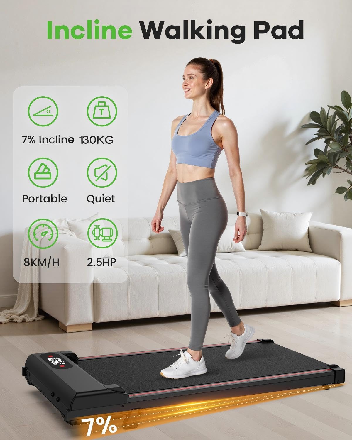 Homefitnesscode Bieżnia Chodząca Z Możliwością Nachylenia, 1-8 km/h, Kompaktowa Bieżnia Do Domu, Maszyna Do Biegania Pod Biurkiem, Przenośna Dla Domowego Biura, Z Pilotem (Czarny-105cm)