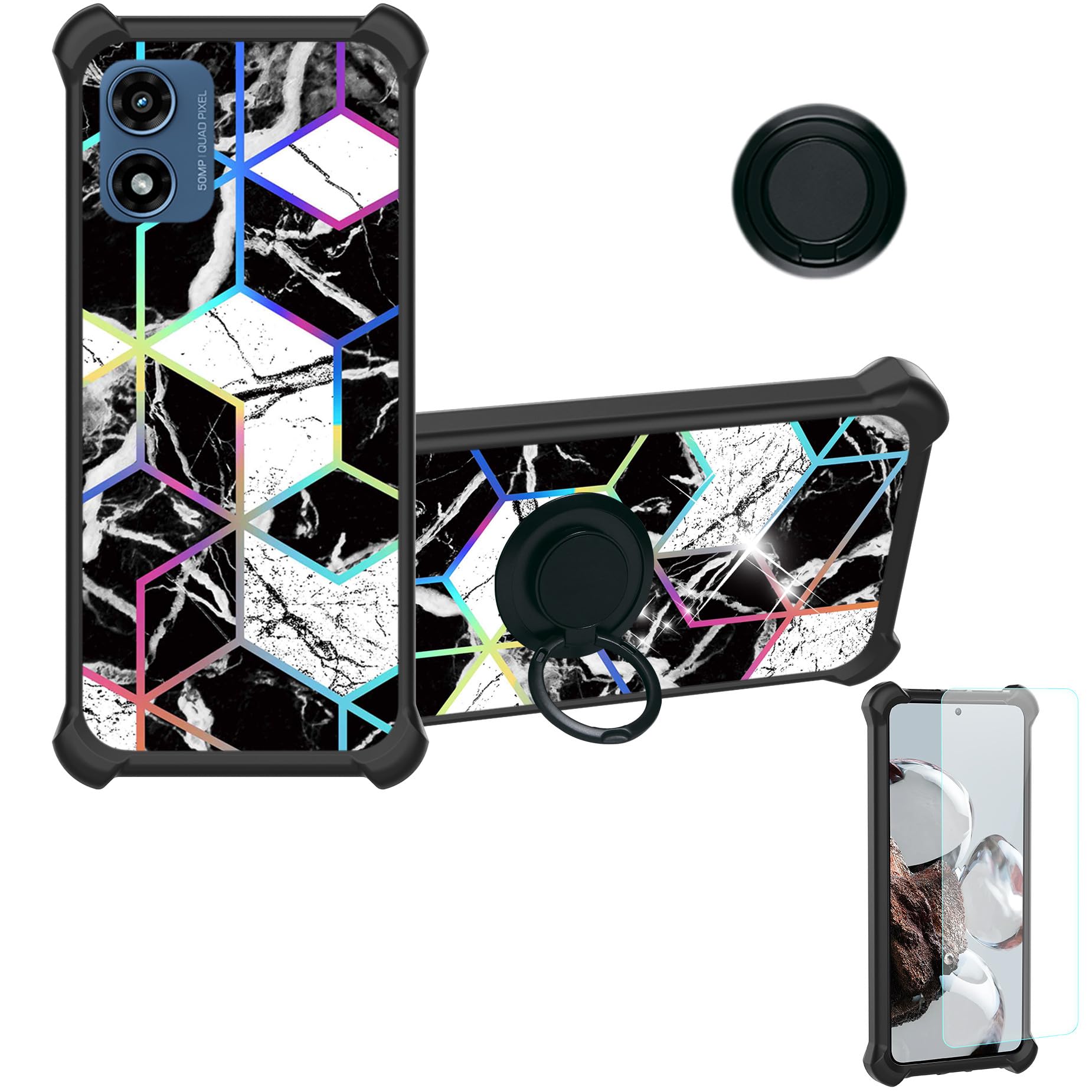 jioeuinlyCase Compatible for Pinwheel Slim 6 Phone Case Cover [with Tempered Glass Screen Protector][Hard PC + Soft Silicone][Ring Support] [Colorful Reflect Light] IMDH-HS