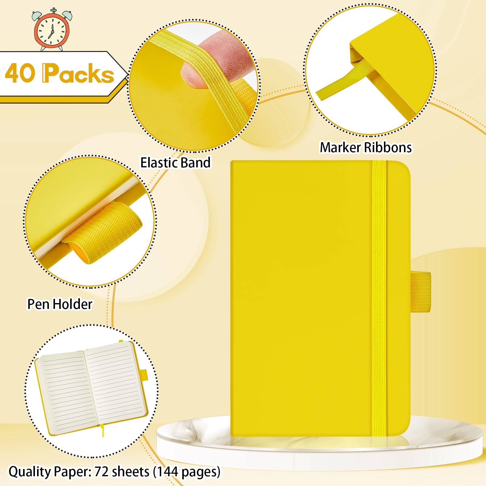 40 quaderni tascabili, formato A6, 8,9 x 14,9 cm, piccoli quaderni in pelle, a righe, con fascia elastica, portapenne, nastri segnalibro (giallo)