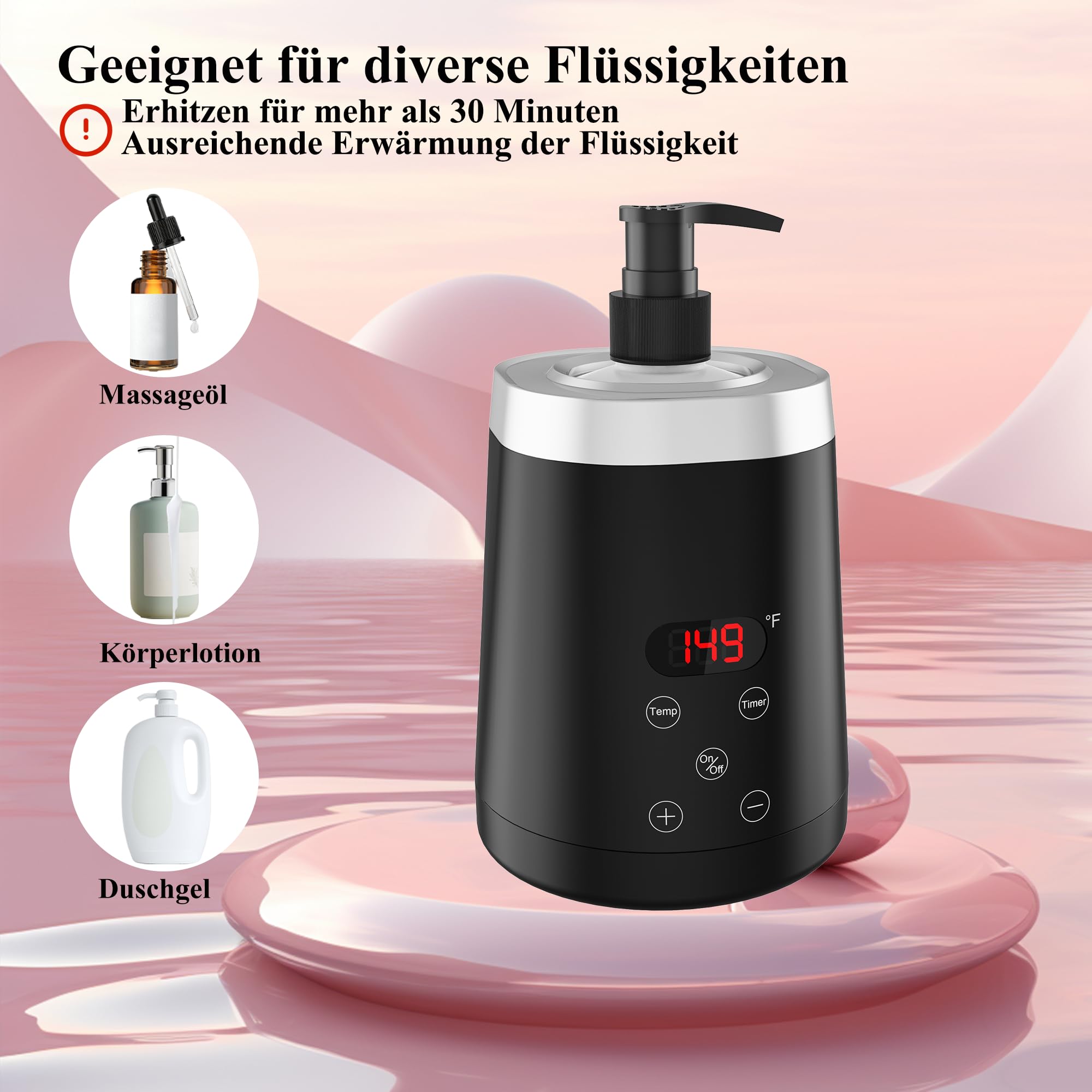 Massageöl Wärmer, Öl Erwärmer mit zwei Ölflaschenspender, 0-65°C, Lotion Flaschenwärmer, Schwarz