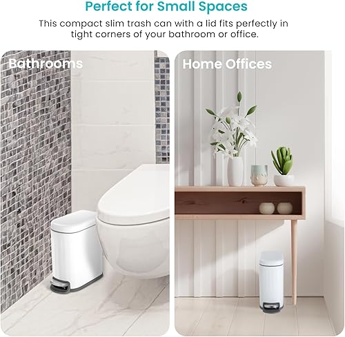 Miniatura 2 de Home Zone Living Cubo de basura pequeño de 1.3 galones con tapa, papelera de acero inoxidable blanco mate con forma estrecha delgada y forro