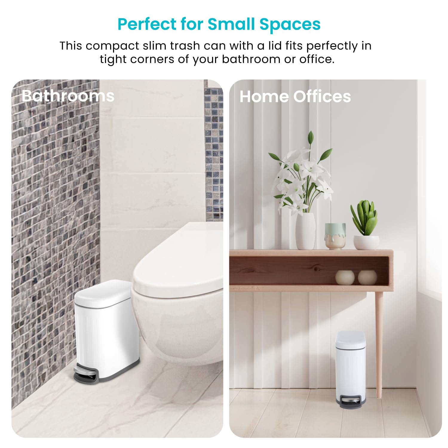 Home Zone Living Kleiner Badezimmer-Mülleimer mit Deckel, mattweißer Edelstahl-Mülleimer mit schlanker, schmaler Form und herausnehmbarem Einsatz, Trittpedal, 5 Liter