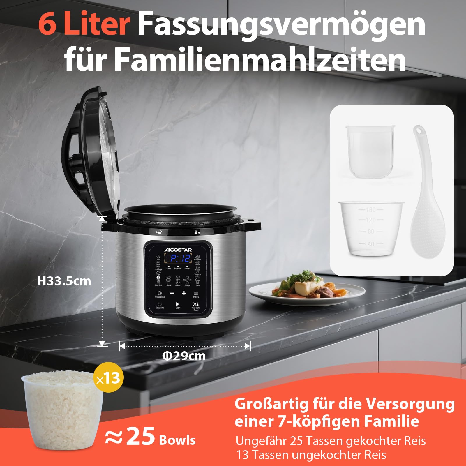 Aigostar Schnellkochtopf 6l, 18-in-1 Multikocher, Antihaft, leichte Reinigung, 1000 W Pressure Cooker, Rice Cooker, Slow Cooker, Dampfgarer, Joghurtbereiter, Speisewärmer inkl. farbigem Rezeptbuch