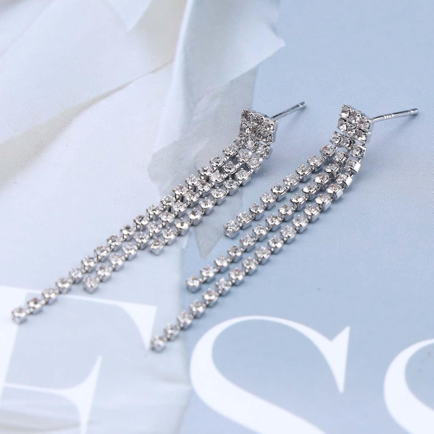 Long Rhinestone Dangle Earrings Cz Crystal Tassel Earrings Crystal Chain Drop Earrings Chandelier Wedding Earrings Silver Rhinestone Linear Earrings Jewelry for Women - Image 3