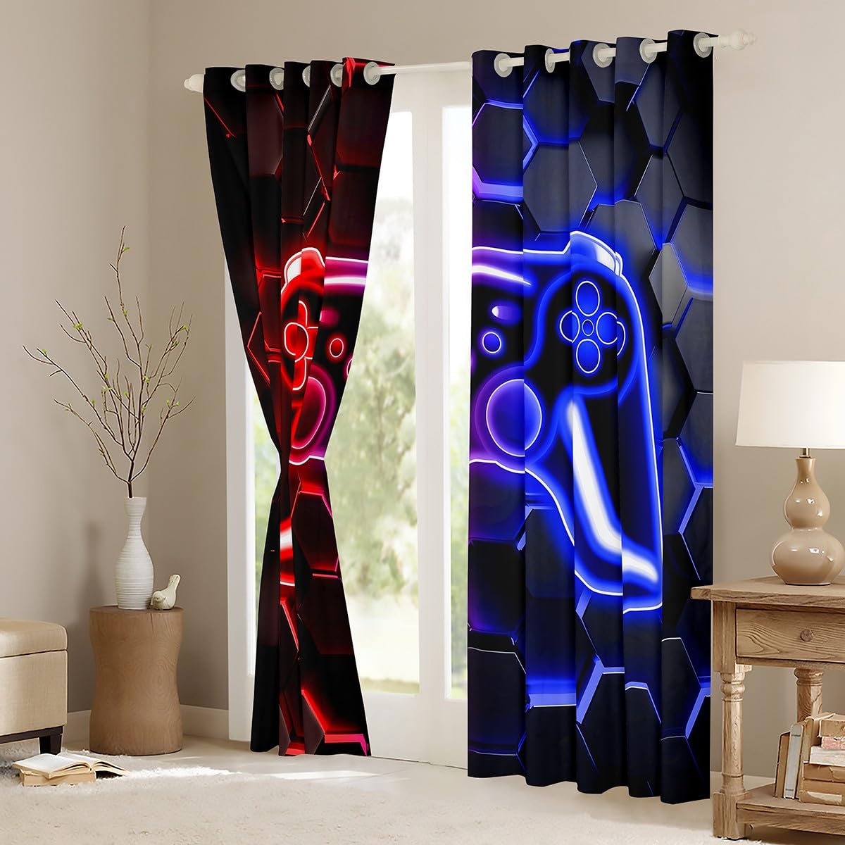Homewish Zasłony zaciemniające do gier, 132 x 160 cm, 2 panele do sypialni, neonowe zasłony okienne o strukturze plastra miodu, czerwone i niebieskie, sześciokątne światła, zasłony okienne, dekoracja