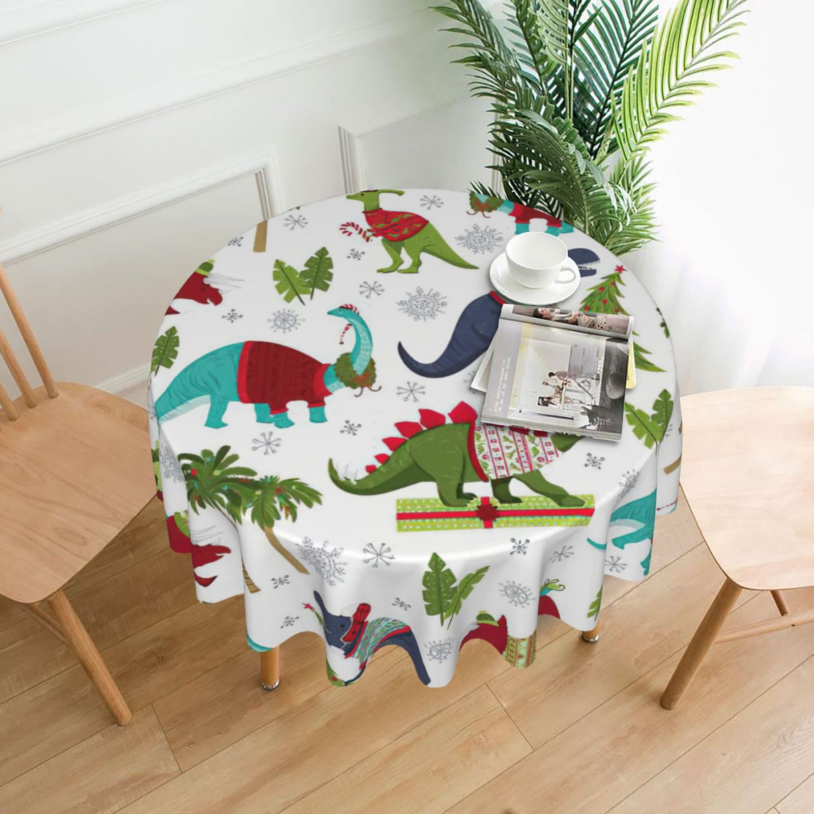 SDEGTHO Colorful Dinosaurs Print Modern Retro Round Tablecloth 60in Polyester Fabric Cover for Party Dining Table Washable