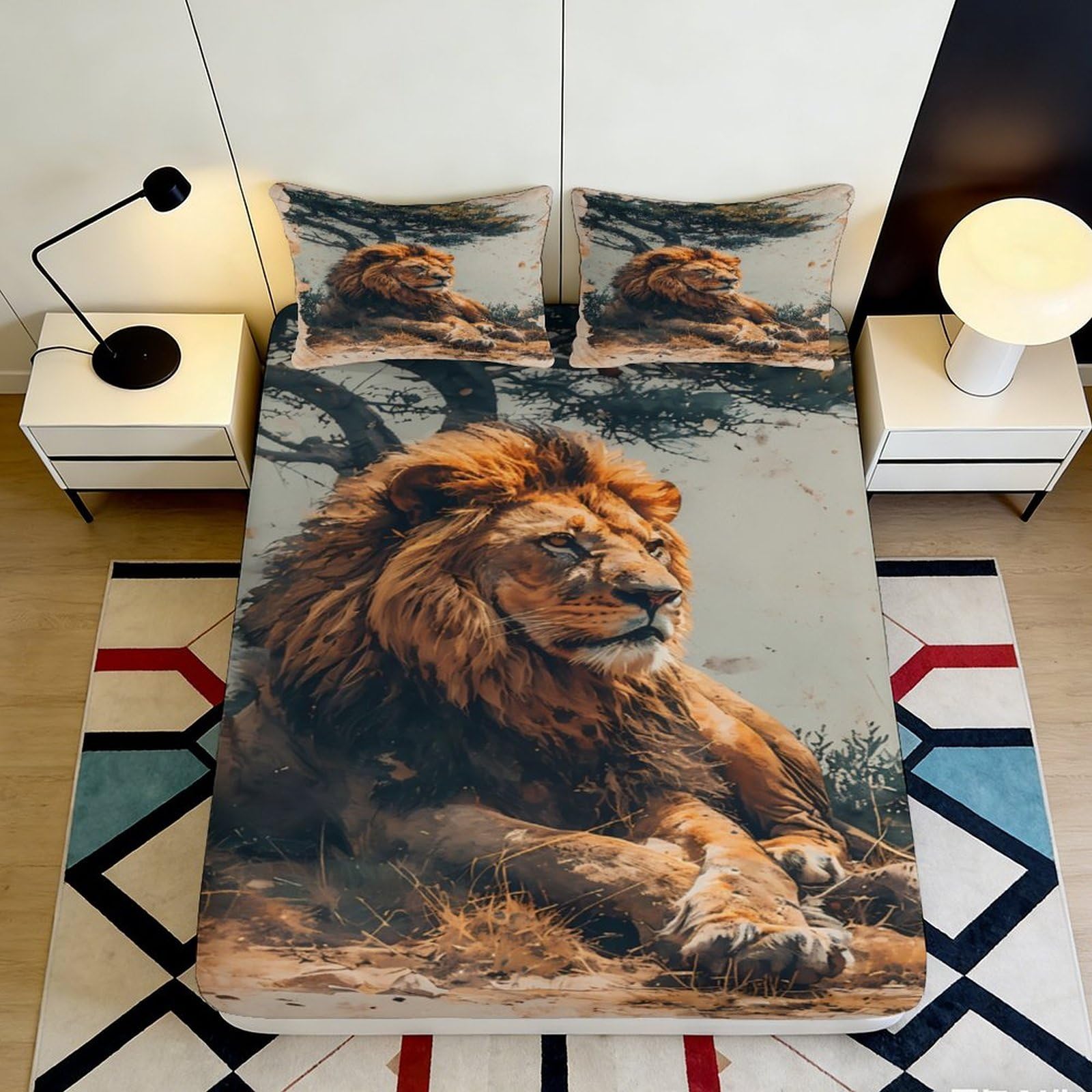 3D Printed Lion Savannah Fitted Sheet Microfiber Soft Non-Slip Jungle King Mattress Cover Bedroom Decor 120x200cm 160x200x25cm