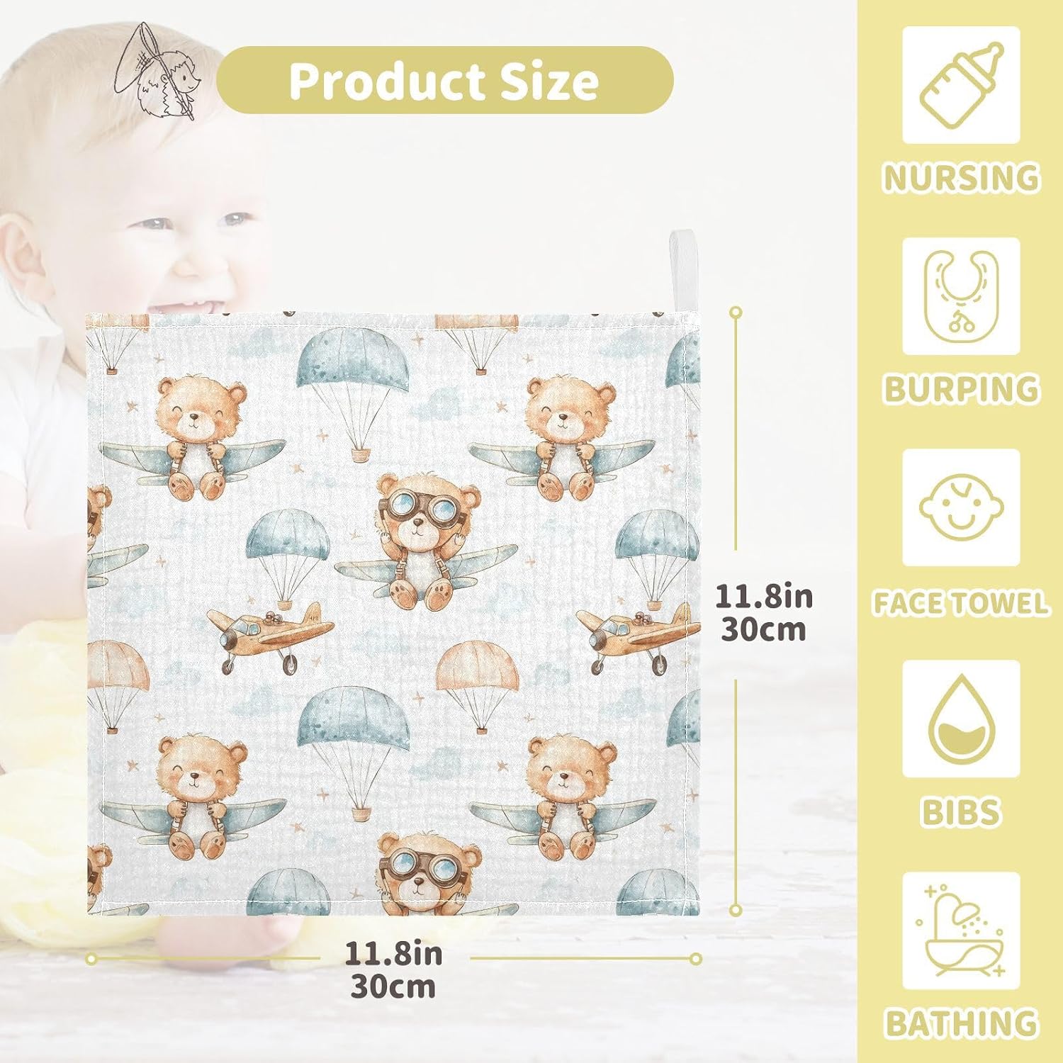 vvfelixl Baby Muslin Washcloths Cute Bear Pilot Baby Burp Cloths Cotton Babys Face Towel for Newborn Infants Boys Girls Soft and Absorbent 11.8 X 11.8 in, 3 Pack