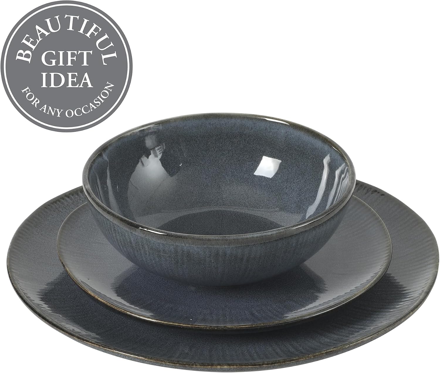 Gibson Elite Sandy Pines Stoneware Plates and Bowls Set - 12 Piece Reactive Glaze Dinnerware Set - Service for 4 - Dishwasher and Microwave Safe - Blue