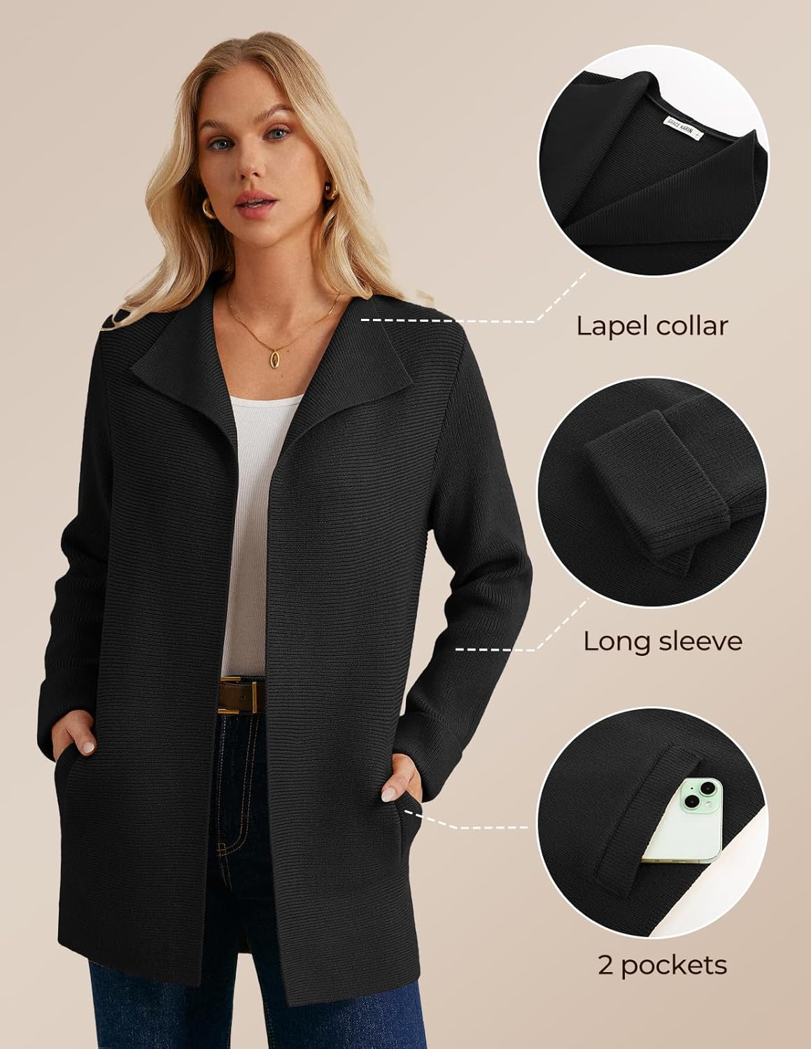 GRACE KARIN Women Long Cardigan Sweaters, Fall Chunky Sweater Jacket, Ribbed Knit Lapel Coatigan with Pockets - Image 5