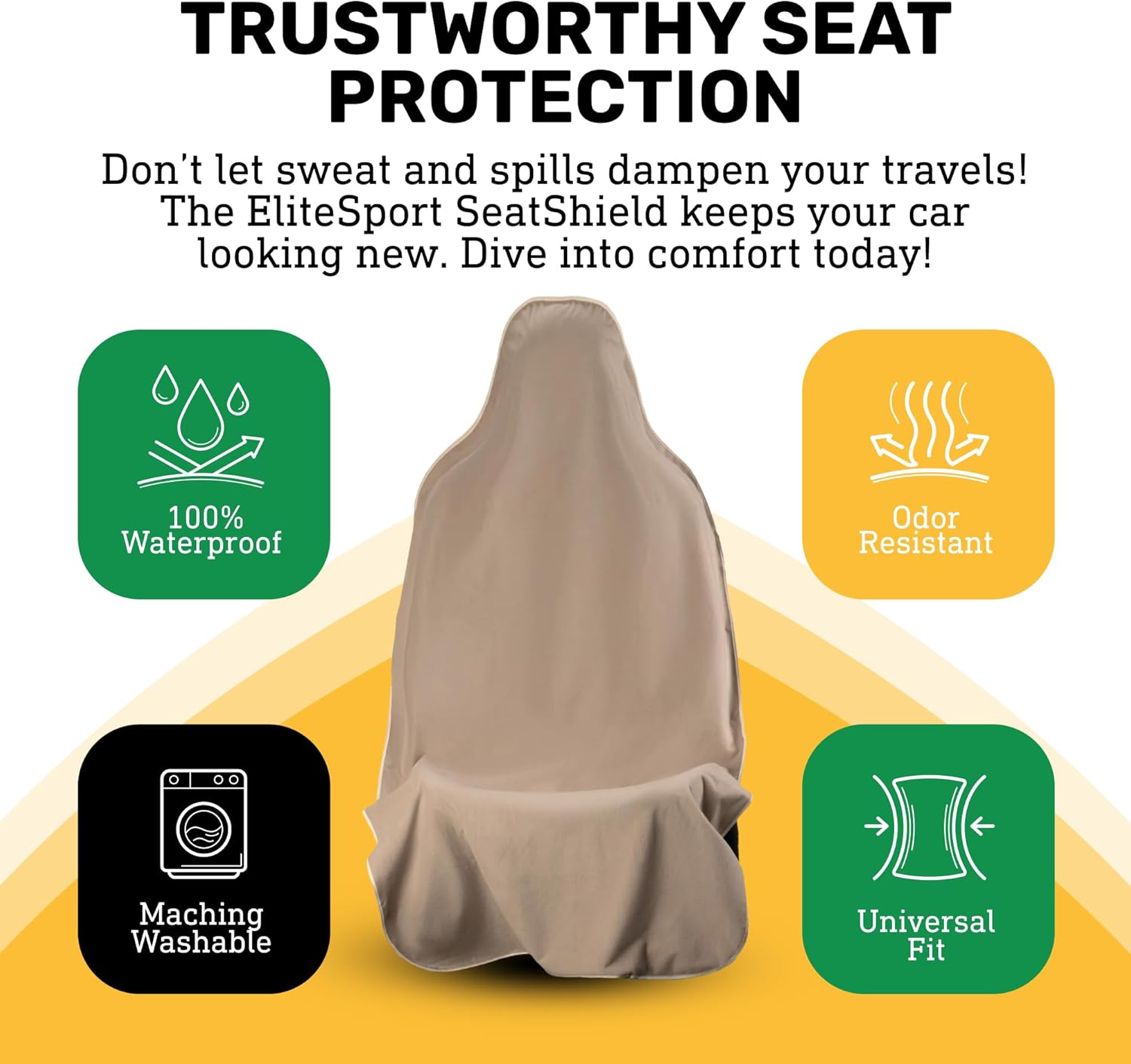 EliteSport Front Seat Cover, Universal Fit Waterproof, Sweatproof, Odor-Resistant, and Machine Washable Car Seat Protector with Non-Slip Underlayer for Pet, Travel, and Outdoor Adventure, Tan