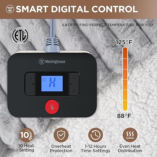 Miniatura 2 de Westinghouse Manta eléctrica tamaño Queen, suave y lujosa de piel sintética y sherpa con 10 niveles de calefacción y apagado automático de 1 a 12