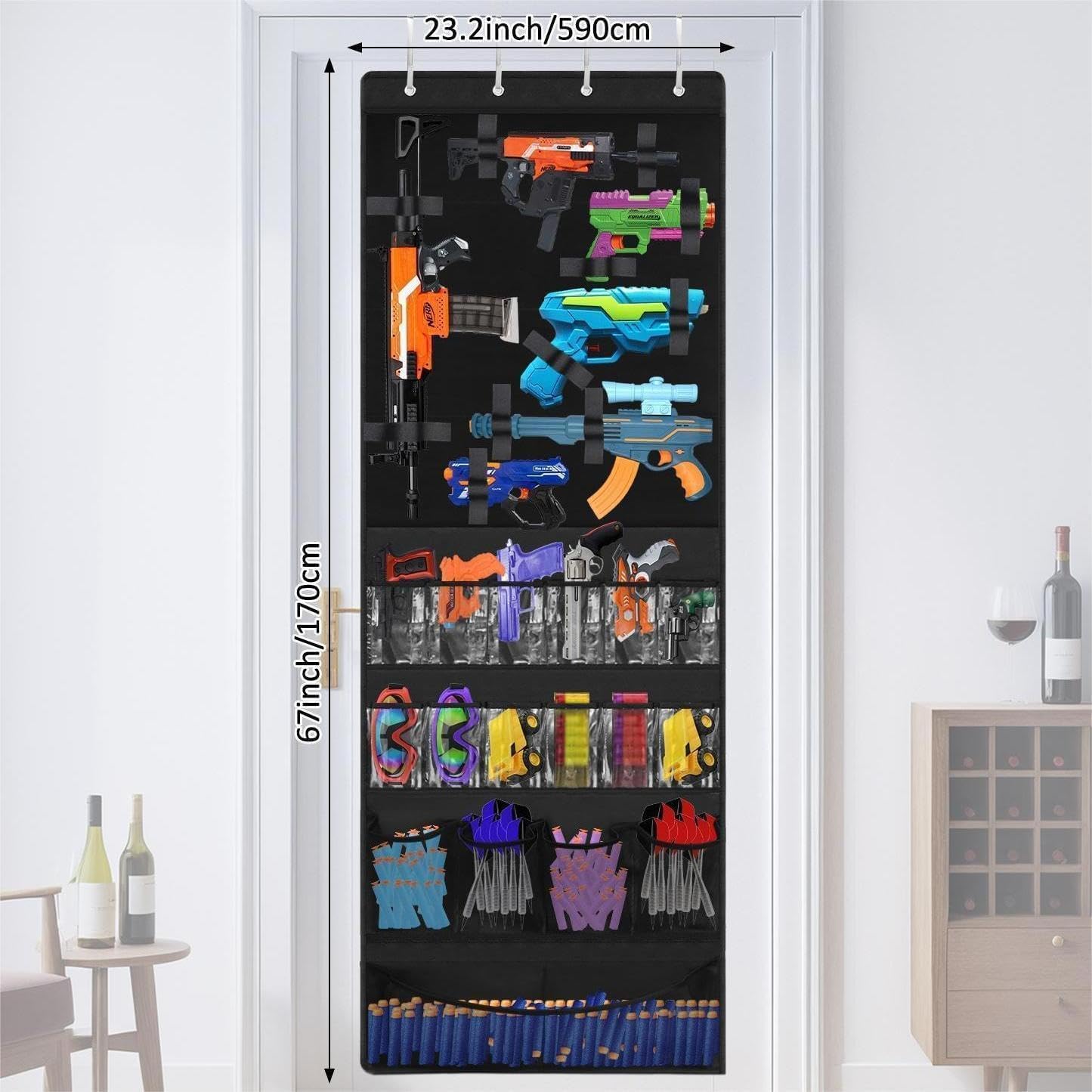 Over the Door Organizer for Toy Guns, Hanging Storage with Pockets and Adjustable Straps for Foam Blasters, Darts, Goggles & Accessories, Door Mount Organizer for Playrooms and Game Rooms