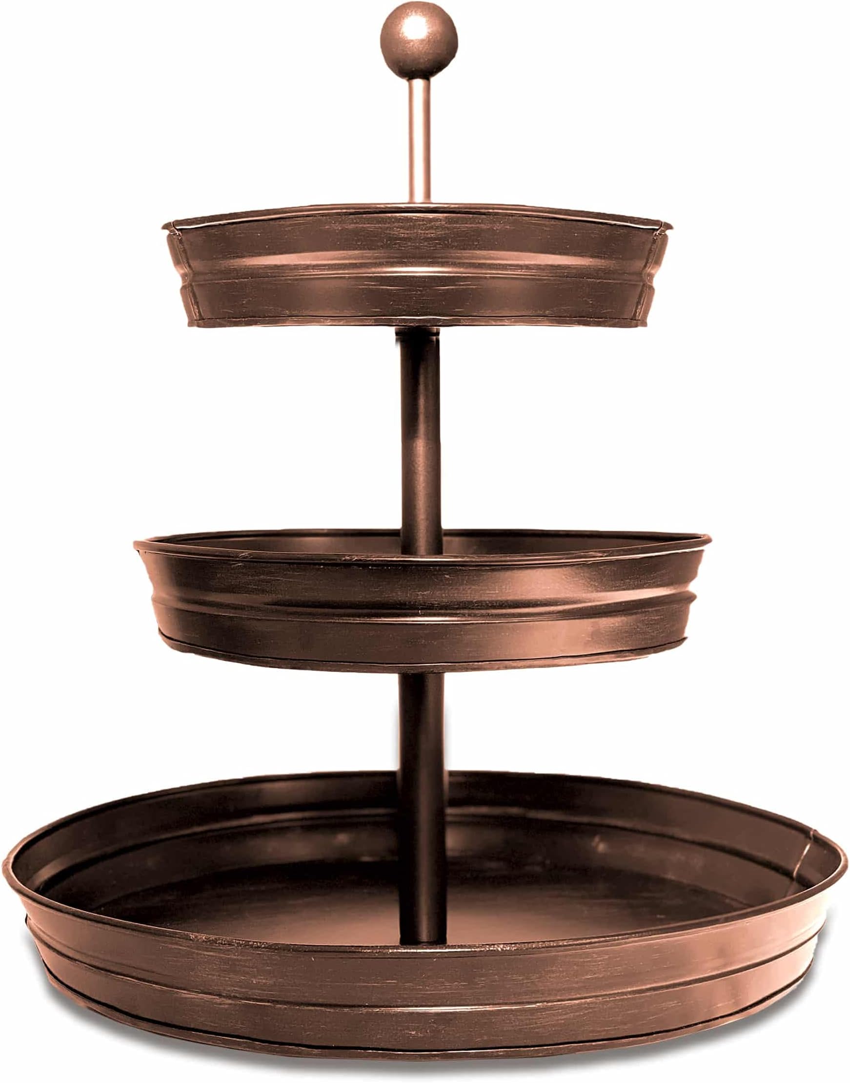 Tiered Tray - Oil Rubbed Bronze Jumbo 3 Tiered Round Serving Tray - Display Platter Rustic, Farmhouse, Cake, Dessert, Food - Three Tier Party Serveware, Cookie Stand, Appetizer Tray - Delbrio Jumbo