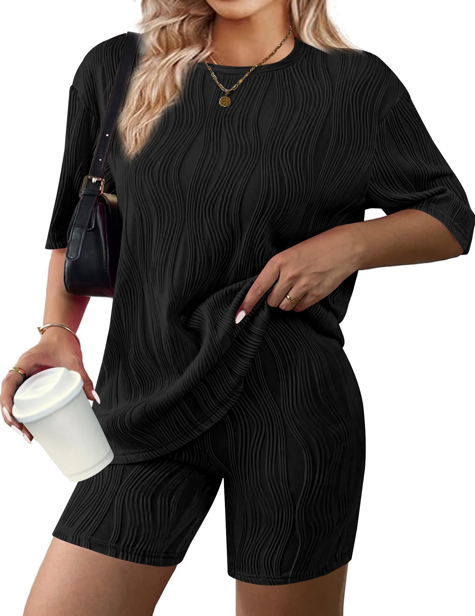 IN'VOLANDWomen's Plus Size 2 Piece Lounge Sets Matching Outfits T-shirt and Biker Shorts Set Summer Casual Sweatsuits