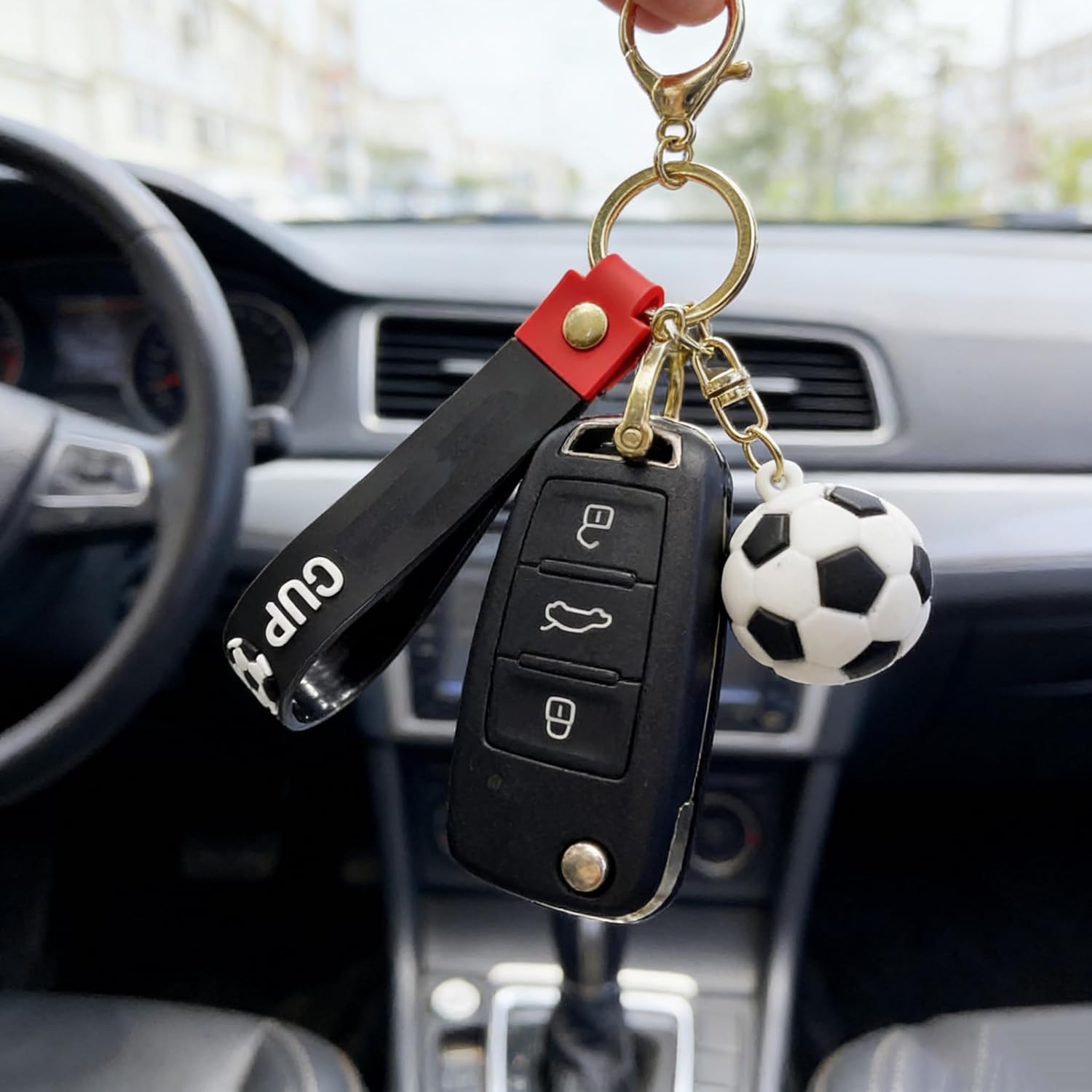 Soccer Ball Keychain with Stylish Strap 3D Silicone Football Bag Charms Keychain Perfect for Sports Fans Gifts (Black)