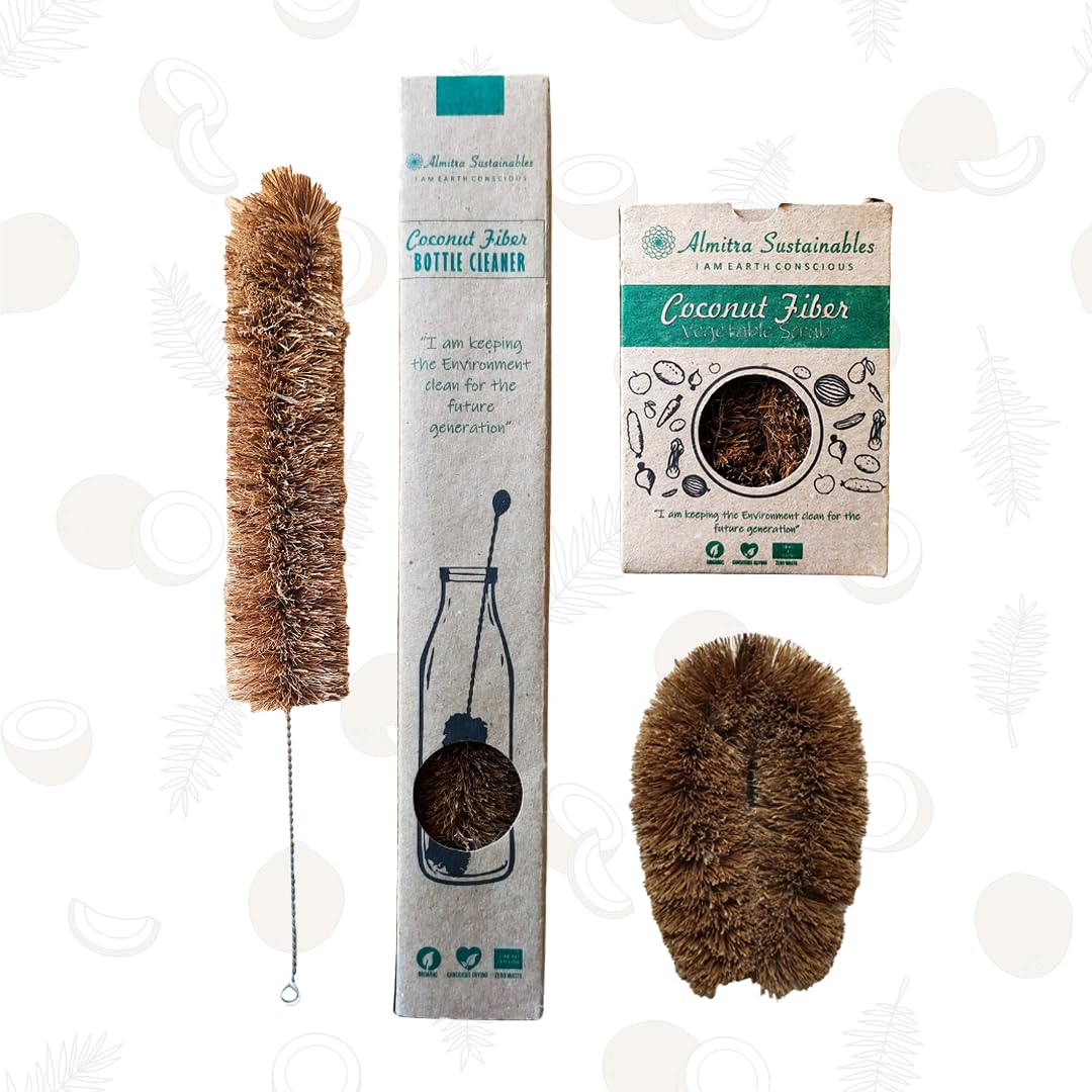 Almitra Sustainables Natural Kitchen Cleaning Brush (Set of 2).Long Bottle Cleaning Brush for Wide Mouth Bottles and Scrubber for Cleaning Vegetable & Fruits. Made of Coconut Coir Bristles. - Image 5 thumbnail