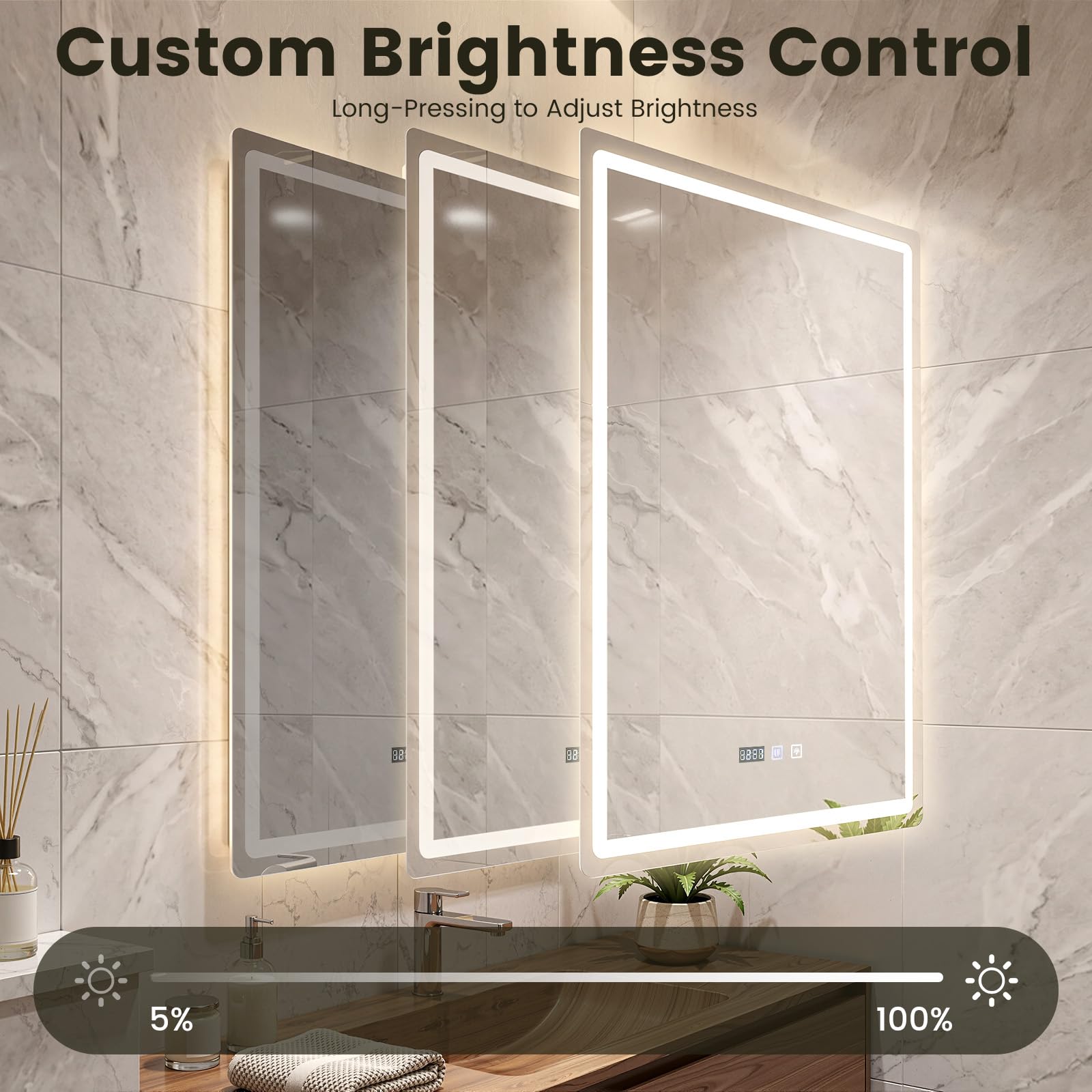 Miroir de Salle de Bain avec Éclairage 60 x 80 cm, LED avec 3 Couleurs de lumière à intensité Variable, Désembuage, Miroir Lumieux Mural Dimmable pour Coiffeuse, Chambre