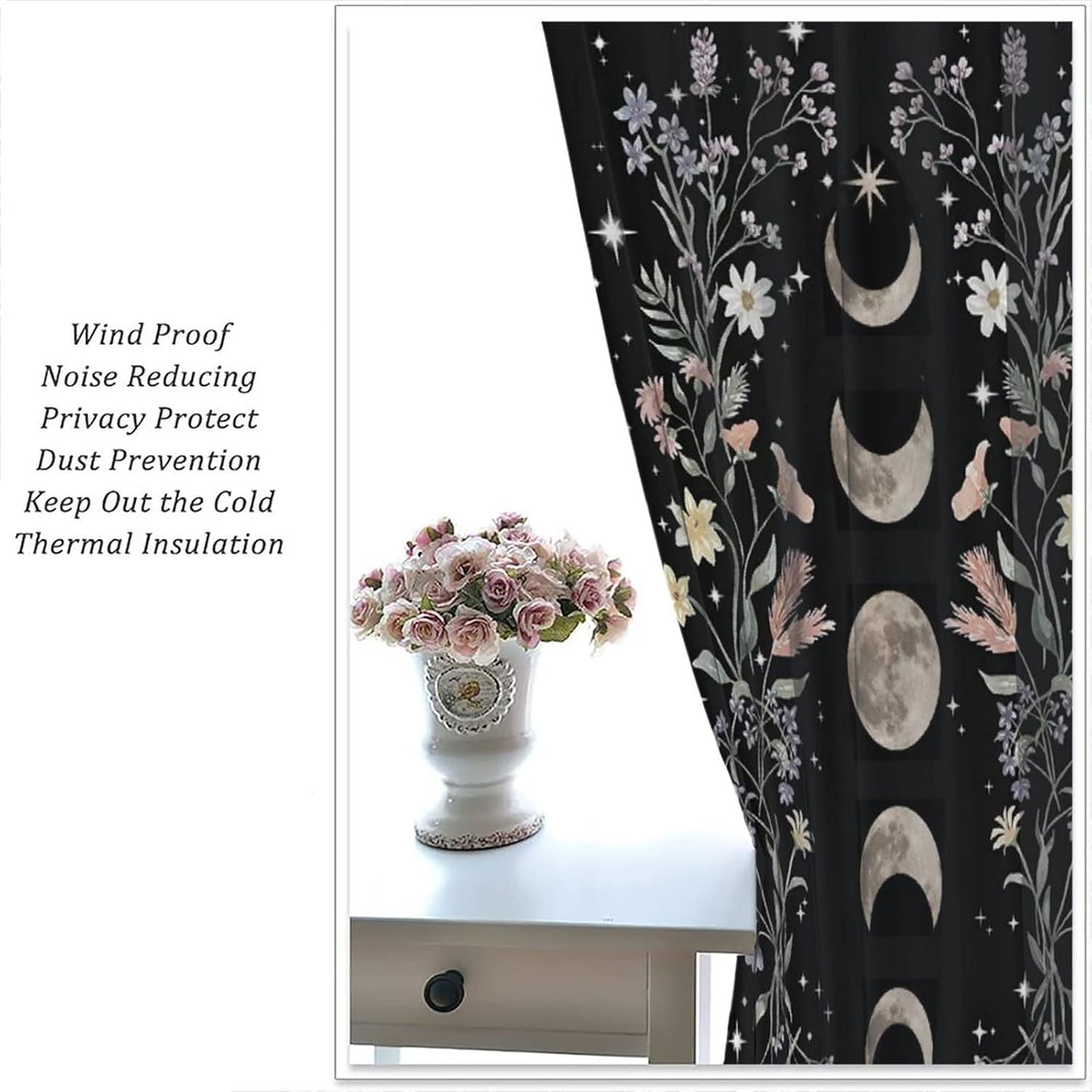 Moon Floral Curtains Flower Wildflower Phase Moonlit Garden Aesthetic Boho Spring Vines Nature 2 Panel Window Treatment Set for Bedroom Living Room Decor 42x54 Inch Decor