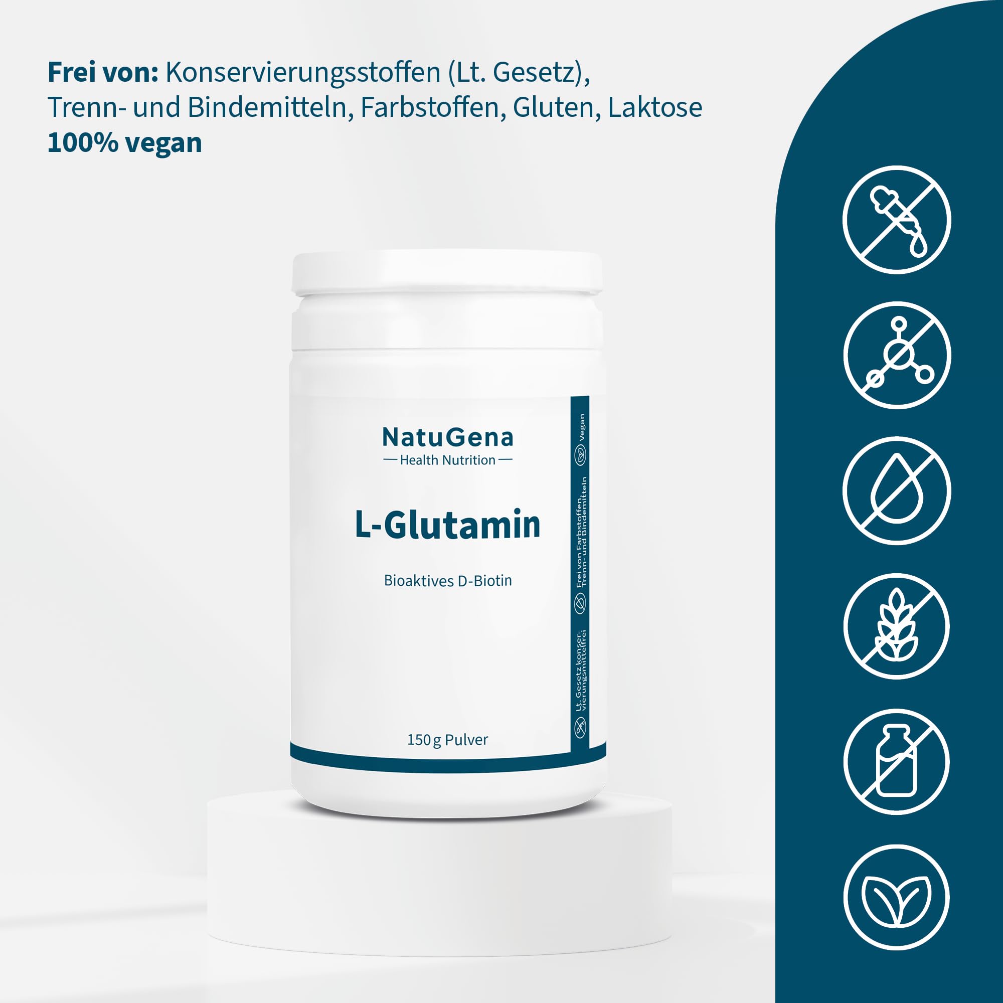 NatuGena L-Glutamin, bioaktives Biotin, trägt zur Erhaltung der Schleimhäute, Haut und Haare bei, 150 g Pulver (2.5 Monats Packung)
