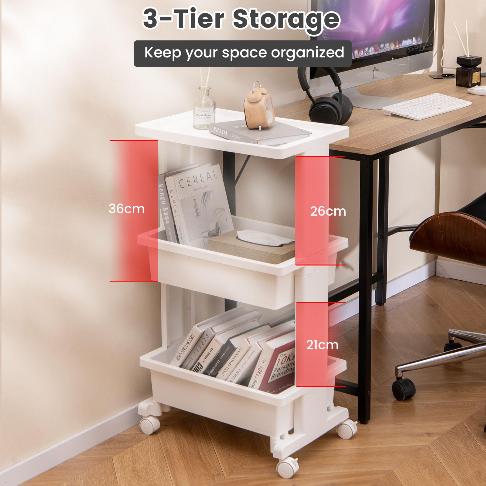 HOMASIS Carrello Cucina a 3 Livelli, Carrello Portaoggetti Salvaspazio in Plastica, Carrellino Scaffale con Ruote per Bagno, Trucco, Ufficio, 45 x 30 x 81 cm, Bianco