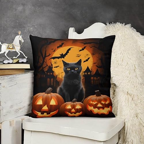 Funda de cojín para sofá de Halloween, diseño de calabaza amarilla, gato y luna, de 18 x 18 pulgadas, cojines decorativos para sala de estar,
