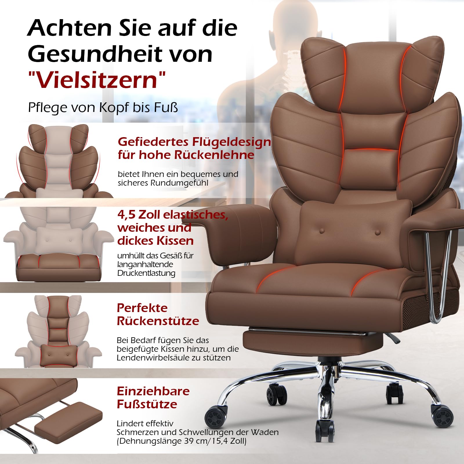 naspaluro Sedia da ufficio con poggiapiedi, ergonomica da scrivania con cuscino di supporto lordosi aggiuntivo, grande sedia da ufficio capo in pelle PU con schienale alto, sedia per computer per home