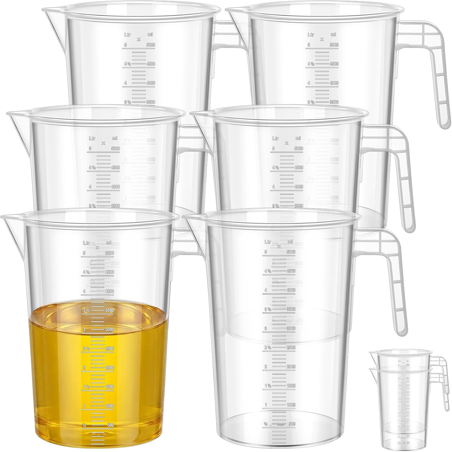 6 Pack 5 Liters/5000 ml Plastic Measuring Pitchers, Large Pitcher Shatterproof Graduated Mixing Measuring Pitcher with US Conversion Chart Food Grade for Kitchen, Lab and Industrial Use